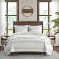 3 Piece Printed Microfiber Seersucker Quilt Set Taupe Blue King Cal King King Taupe Blue Polyester