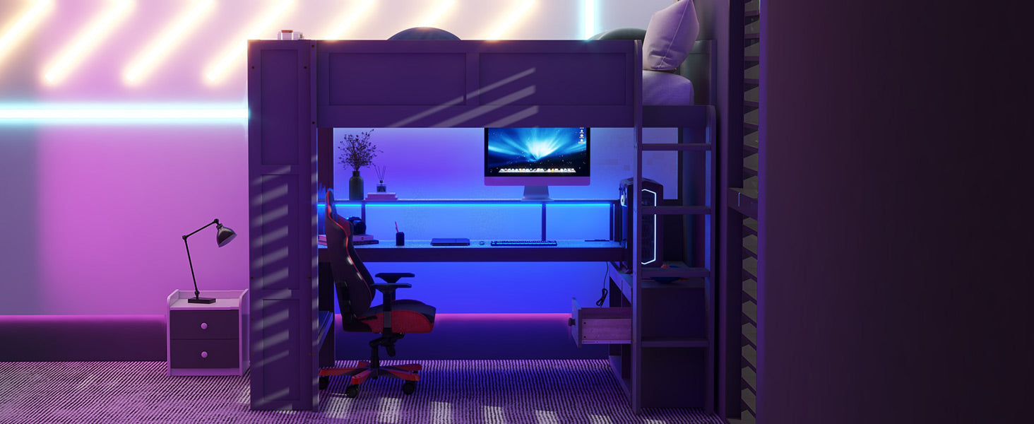 Wood Full Size Gaming Loft Bed With Desk, Multi Storage Shelves, Led And Charging Station, Dark Gray Box Spring Not Required Full Dark Gray Wood Bedroom Bed Frame Solid Wood Mdf