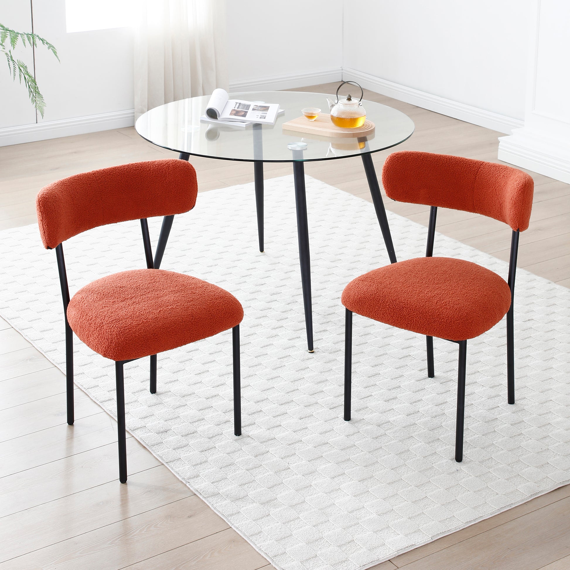 Dining Chairs Set Of 2,Round Upholstered Sherpa Fabric Dining Room Chairs With Curved Backrest,Mid Century Modern Accent Chairs With Black Metal Adjustable Legs For Dining Room,Living Room,Kitchen Orange Foam Teddy