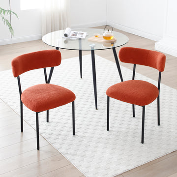 Dining Chairs Set Of 2,Round Upholstered Sherpa Fabric Dining Room Chairs With Curved Backrest,Mid Century Modern Accent Chairs With Black Metal Adjustable Legs For Dining Room,Living Room,Kitchen Orange Foam Teddy