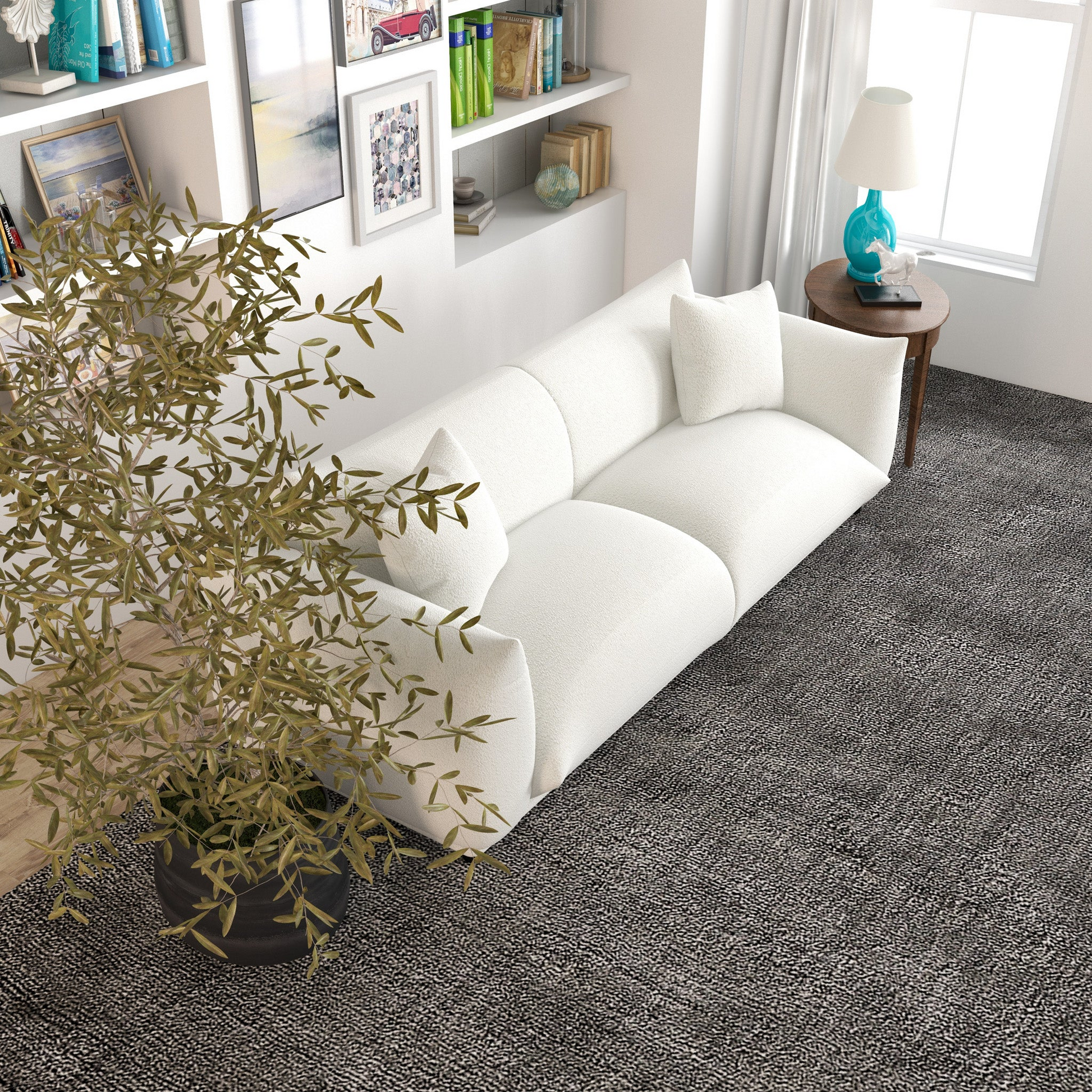 Emma Mid Century Modern Luxury Cream Boucle Sofa Cream,White Brown Wood Primary Living Space Mid Century Modern Foam Boucle,Solid Wood 3 Seat