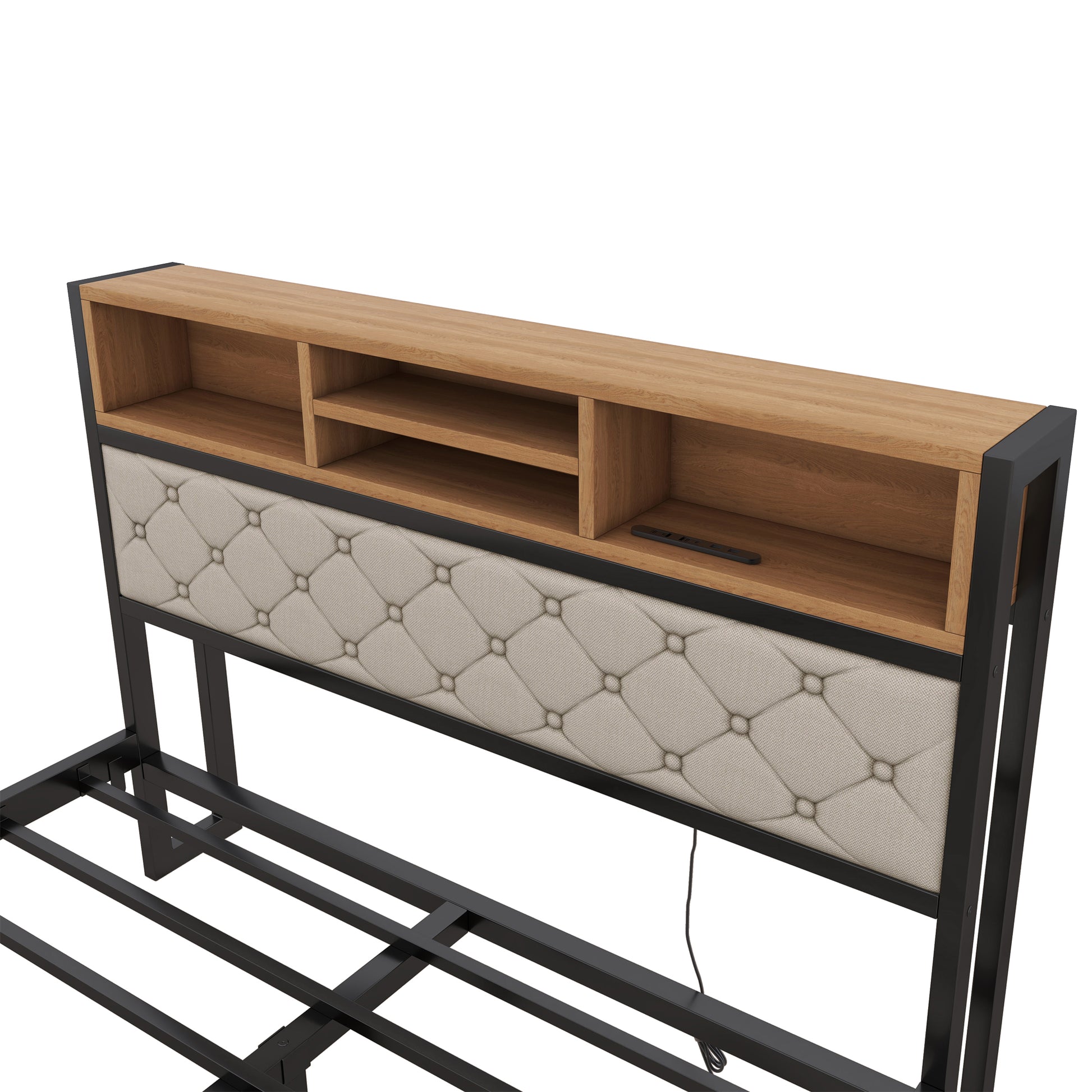 Metal Full Size Platform Bed With 4 Drawers, Upholstered Headboard And Footboard, Sockets And Usb Ports, Beige Full Beige Black Fabric Metal