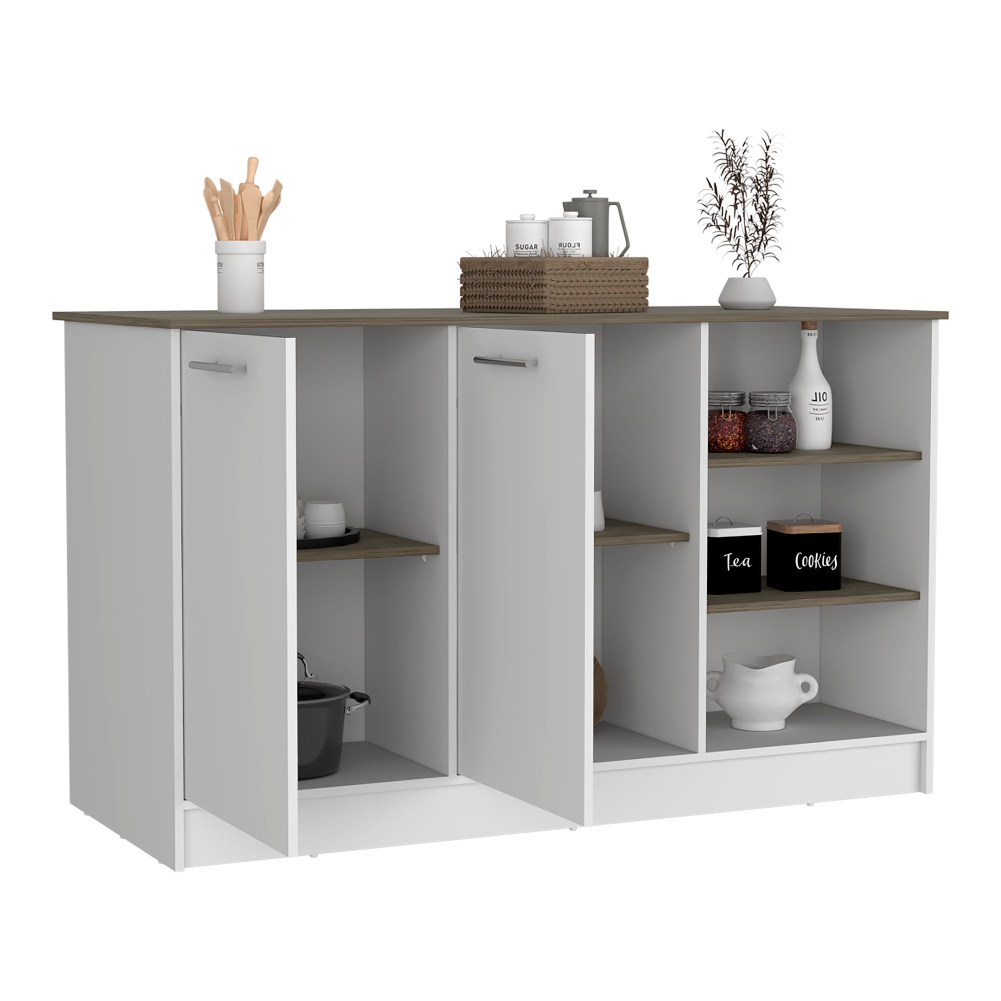 Ginger Kitchen Island, Three Open Shelves, Two Cabinets White Dark Brown Multicolor Dining Room Modern Rectangular Stationary Kitchen Islands Particle Board Particle Board Medium 40 55In