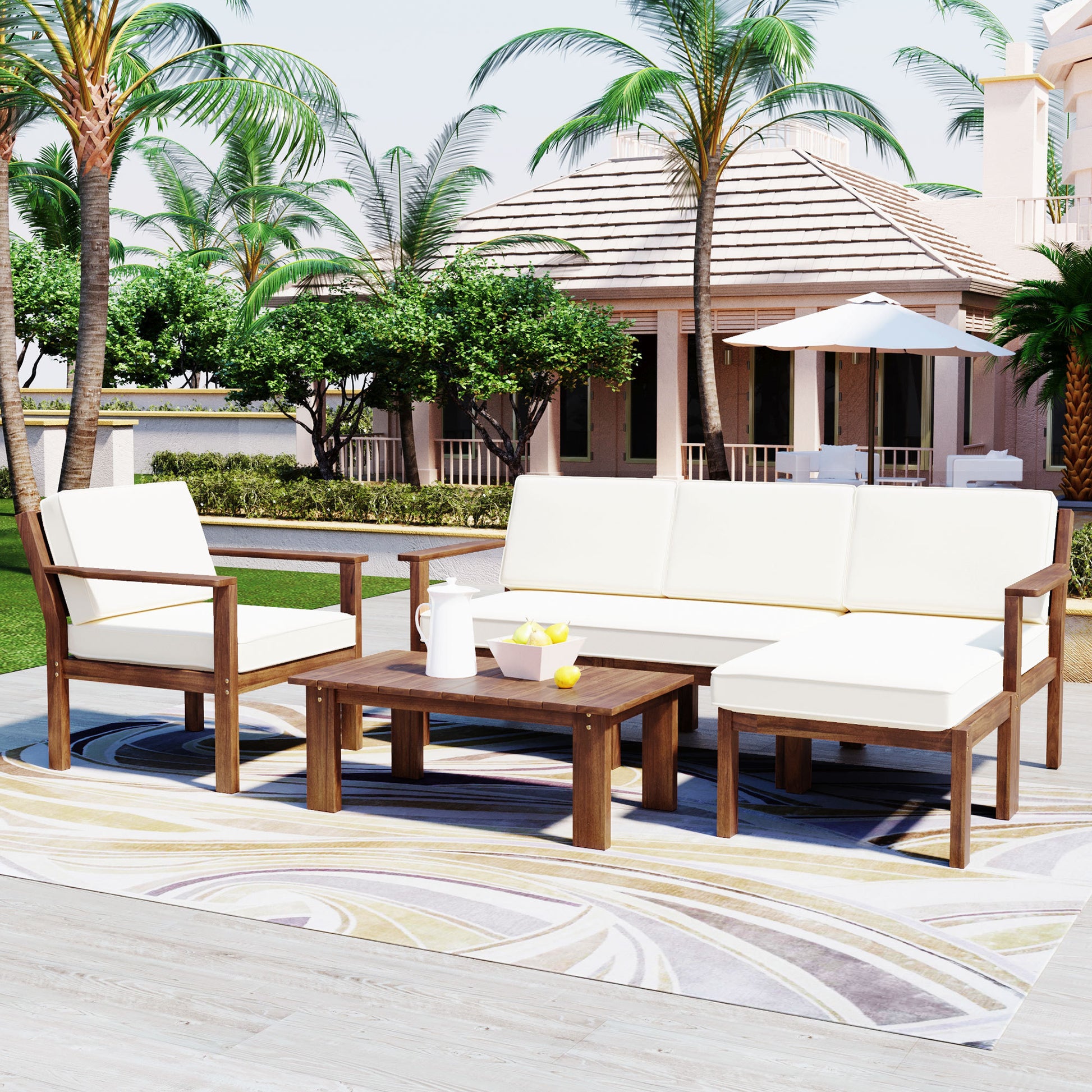 Multi Person Sofa Set With A Small Table, Suitable For Gardens, Backyards, And Balconies. Beige Acacia Wood