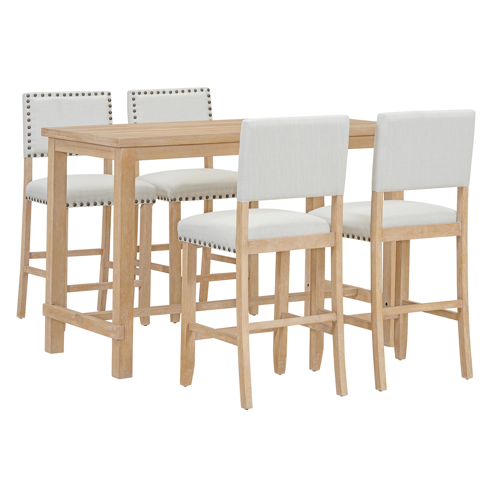 5 Piece Counter Height Dining Set, Classic Elegant Table And 4 Chairs In Natural Wood Wash Natural Wood Wash Solid Wood