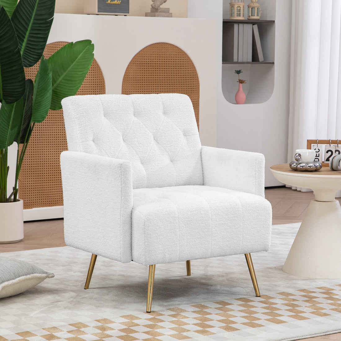 Homcom Modern Sherpa Accent Chair With Tufted Pattern And Steel Legs, White White Polyester