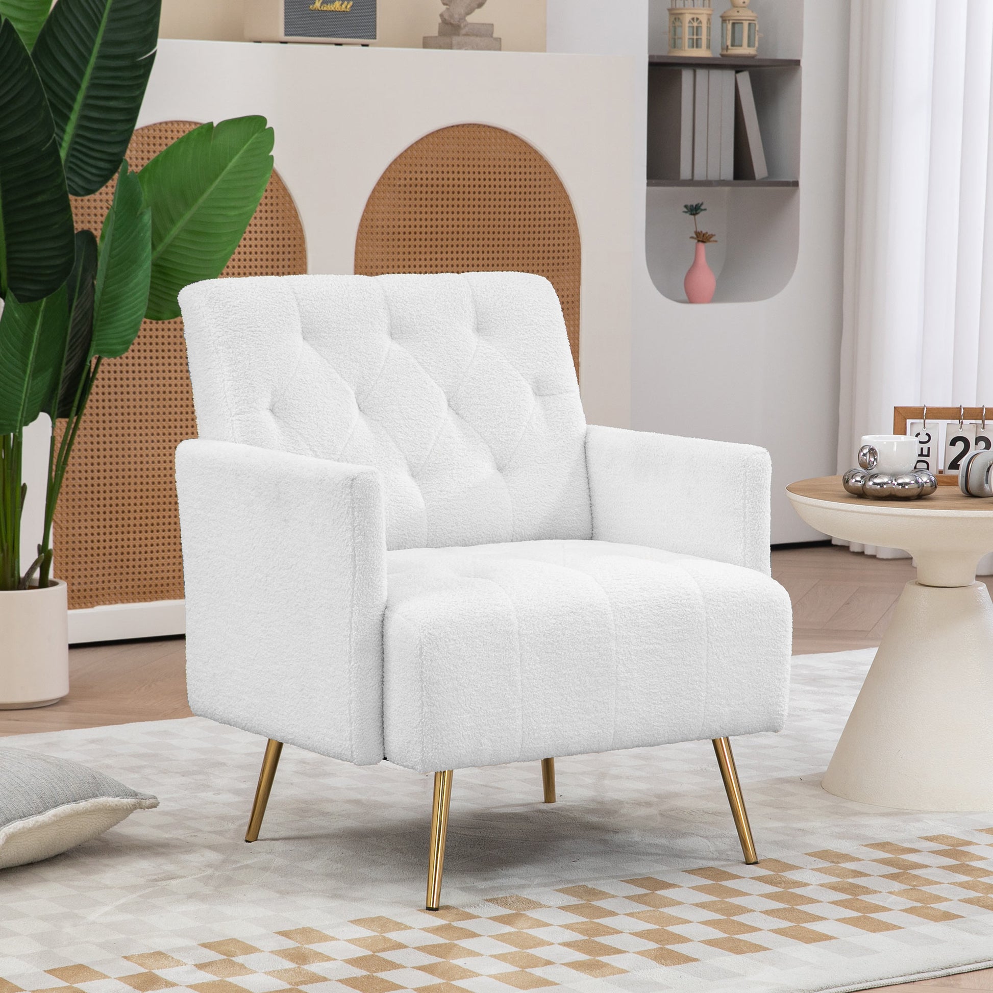 Homcom Modern Sherpa Accent Chair With Tufted Pattern And Steel Legs, White White Polyester