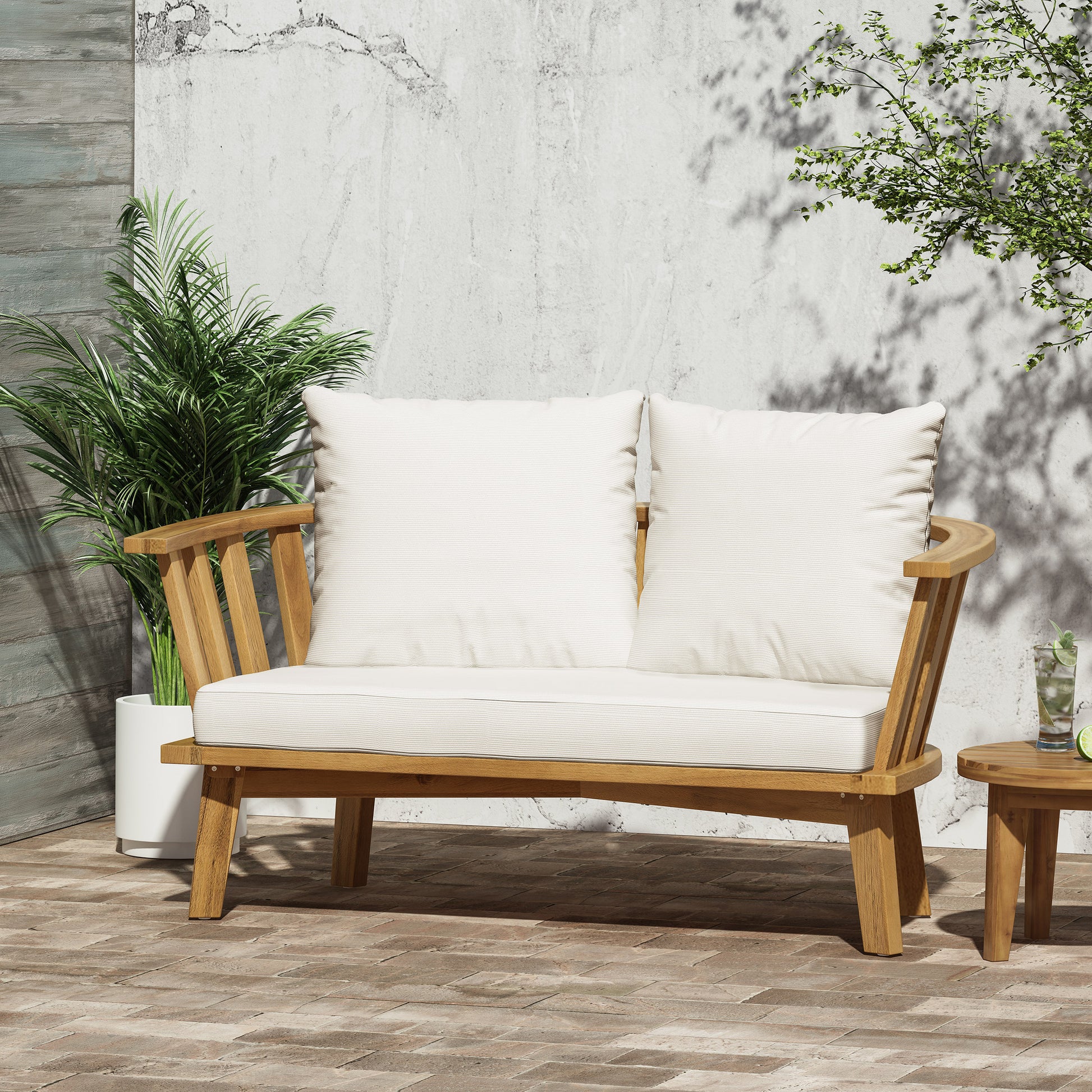 Outdoor Wooden Loveseat With Cushions White Teak 55.50" W X 27.00" D X 25.50" H Yes Teak Foam Acacia Wood
