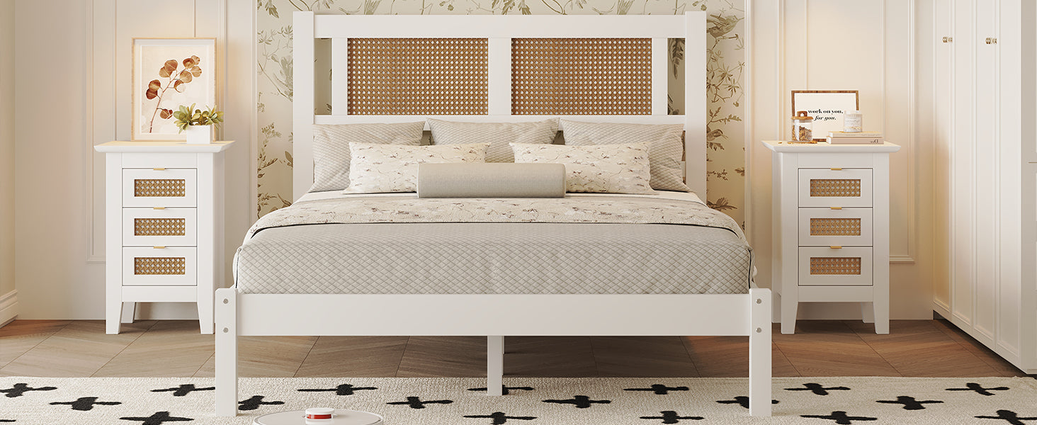 3 Pieces Bedroom Sets Full Size Wooden Platform Bed With Natural Rattan Headboard, Nightstands Set Of 2 With Rattan Woven Surfaces And Three Drawers For Bedroom, White White Particle Board
