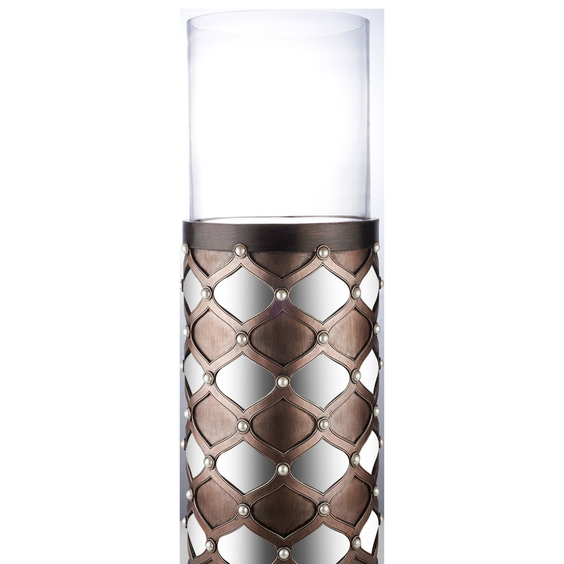 31" Tall Candleholder With Hurricane Glass, Arabesque Mirror Design Brown Polyresin