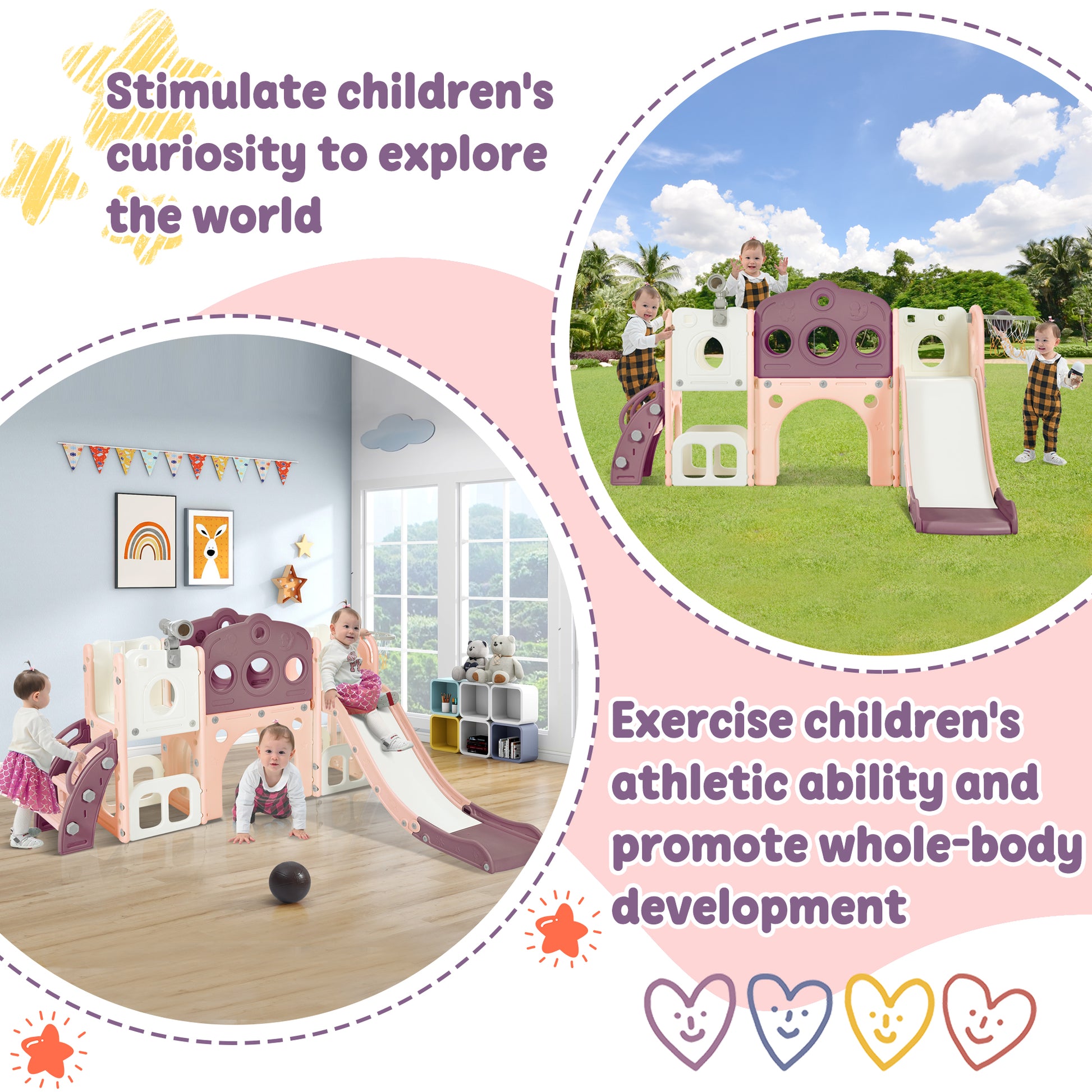 7 In 1 Toddler Slide Set, Freestanding Space Set With Slide, Kids Slide Playset Structure, Arch Tunnel And Basketball Hoop, Toy Storage Organizer For Toddlers, Kids Climbers Playground Purple 50 99 Lbs Cute 1 To 2 Years Hdpe Indoor & Outdoor Use