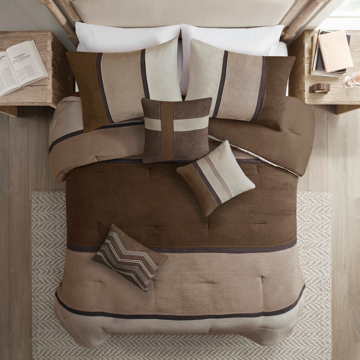 7 Piece Faux Suede Comforter Set Brown Cal King California King Brown Polyester