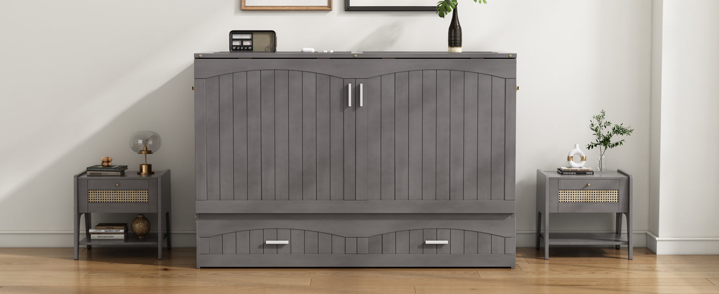 Queen Size Murphy Bed With Built In Charging Station, Antique Grey Box Spring Not Required Queen Antique Gray Wood Pine Wood