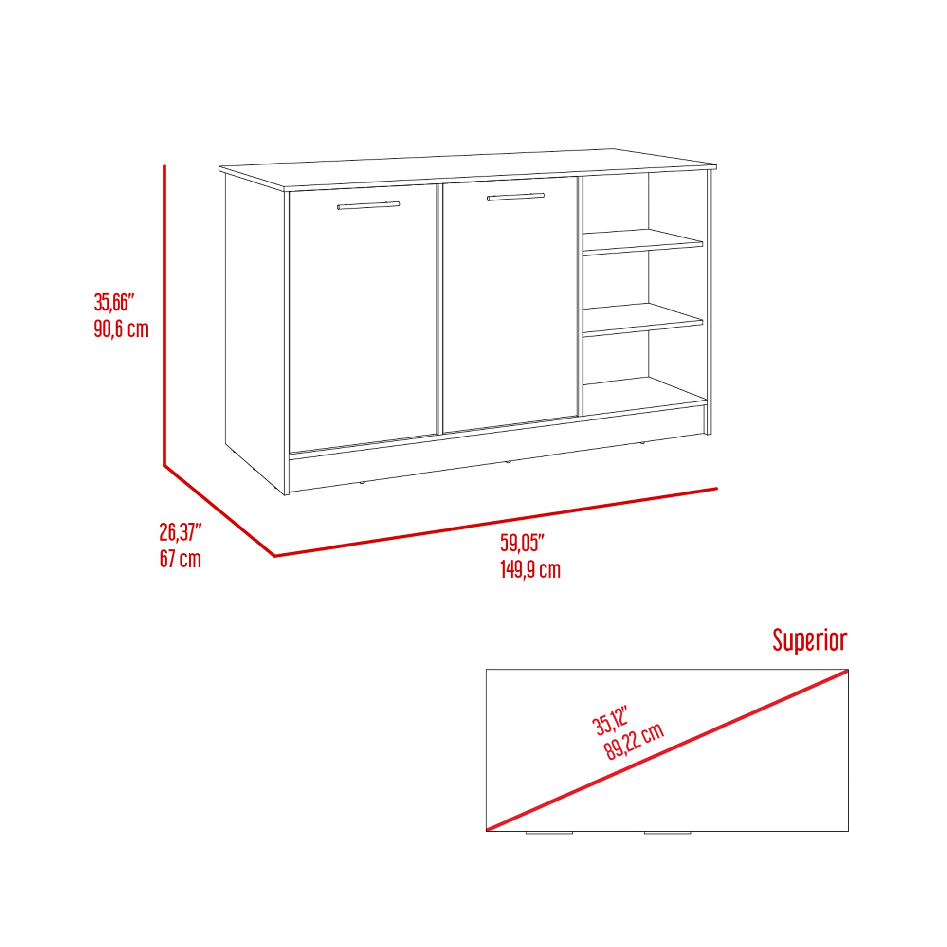 Ginger Kitchen Island, Three Open Shelves, Two Cabinets White Dark Brown Multicolor Dining Room Modern Rectangular Stationary Kitchen Islands Particle Board Particle Board Medium 40 55In