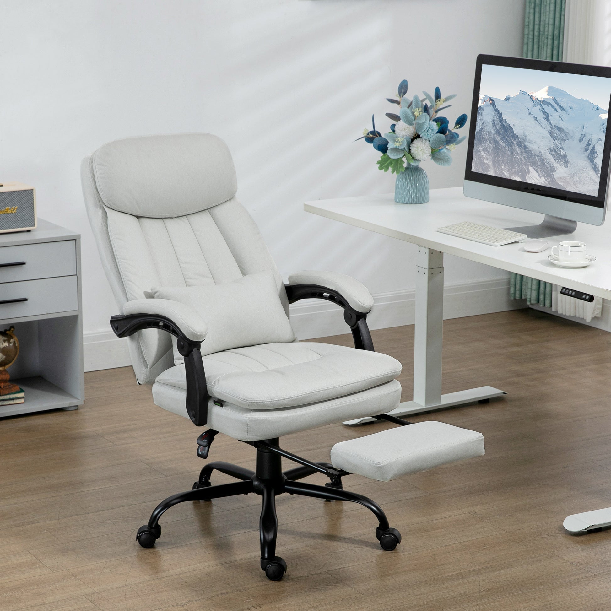 Vinsetto Microfibre Executive Massage Office Chair, Swivel Computer Desk Chair, Heated Reclining Computer Chair With Lumbar Support Pillow, Cream White Cream Polyester