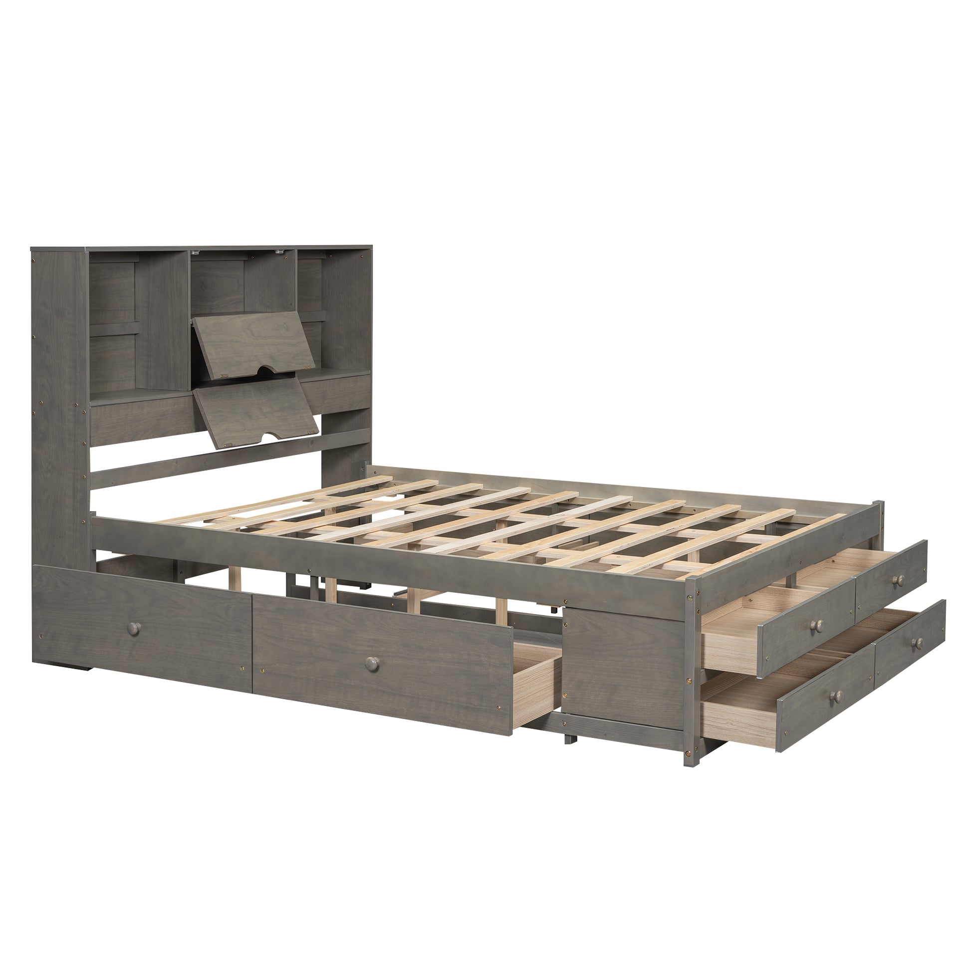 Queen Size Platform Bed With Storage Headboard And 8 Drawers, Gray Box Spring Not Required Queen Gray Wood Bedroom Bed Frame Solid Wood Mdf