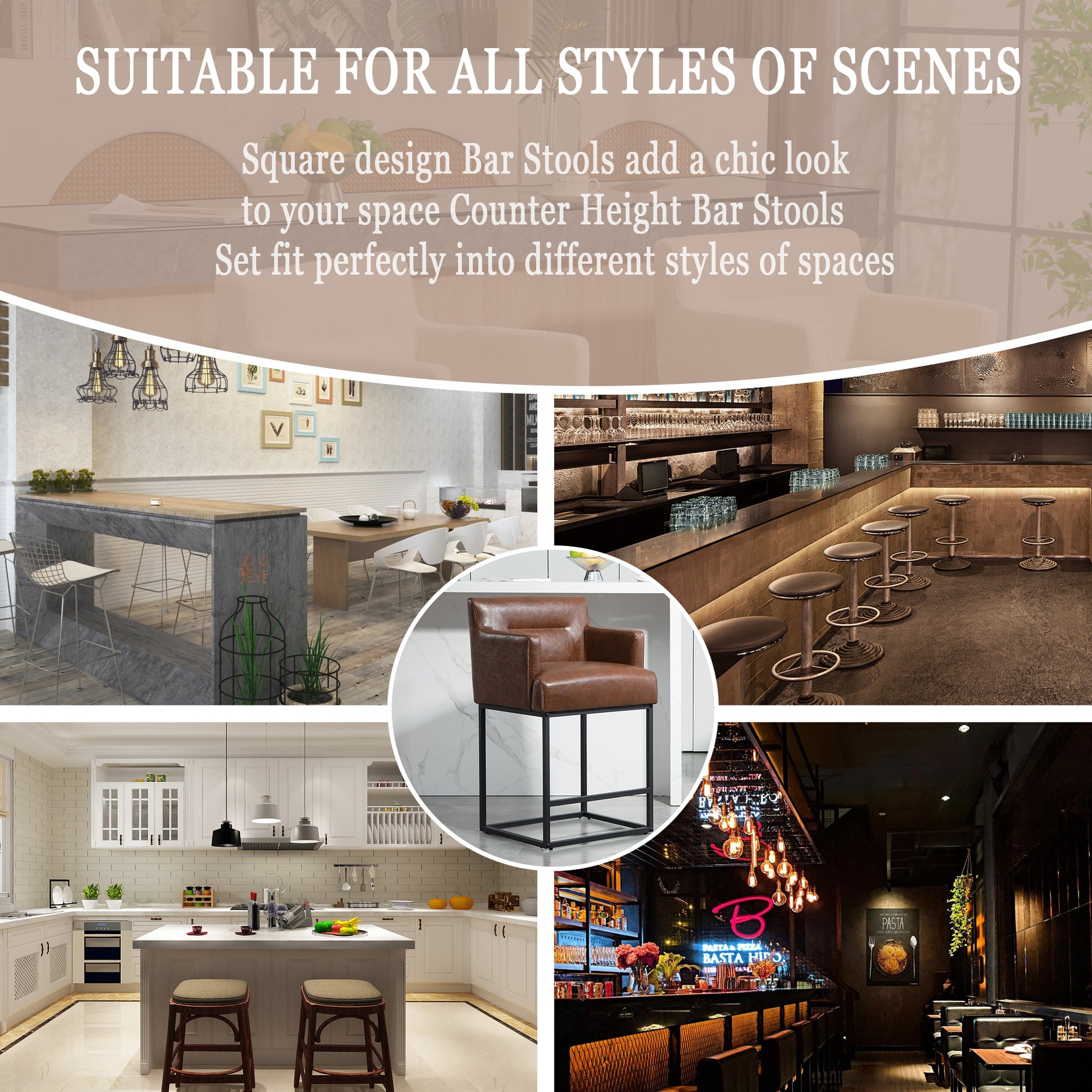 Coolmore Counter Height Bar Stools Set Of 2, Modern Square Bar Stool With Back, Black Metal Frames, Upholstered Bar Stools For Kitchen Island, Pub, Club Brown Pu Brown Pu Primary Living Space Foam Pu