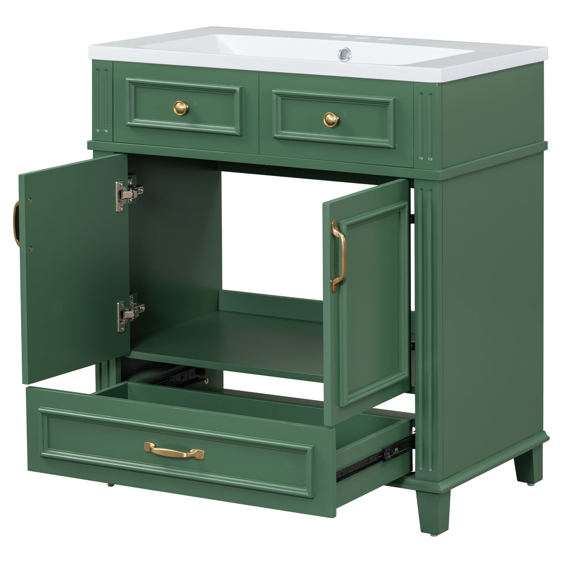 30'' Bathroom Vanity With Resin Sink, Solid Wood Frame Bathroom Storage Cabinet With Soft Closing Doors, Retro Style, Green Same As Sw000118Aaf Green Bathroom Modern Solid Wood Mdf Resin