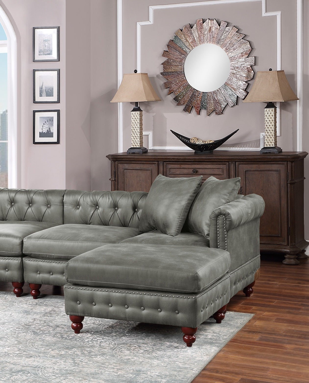 Slate Gray 4Pc Sectional Set 2X Reversible Loveseat Chaise And 2X Ottomans Tufted Couch Pillows Light Slate Grey Faux Leather Wood Primary Living Space Tight Back Contemporary,Luxury,Traditional U