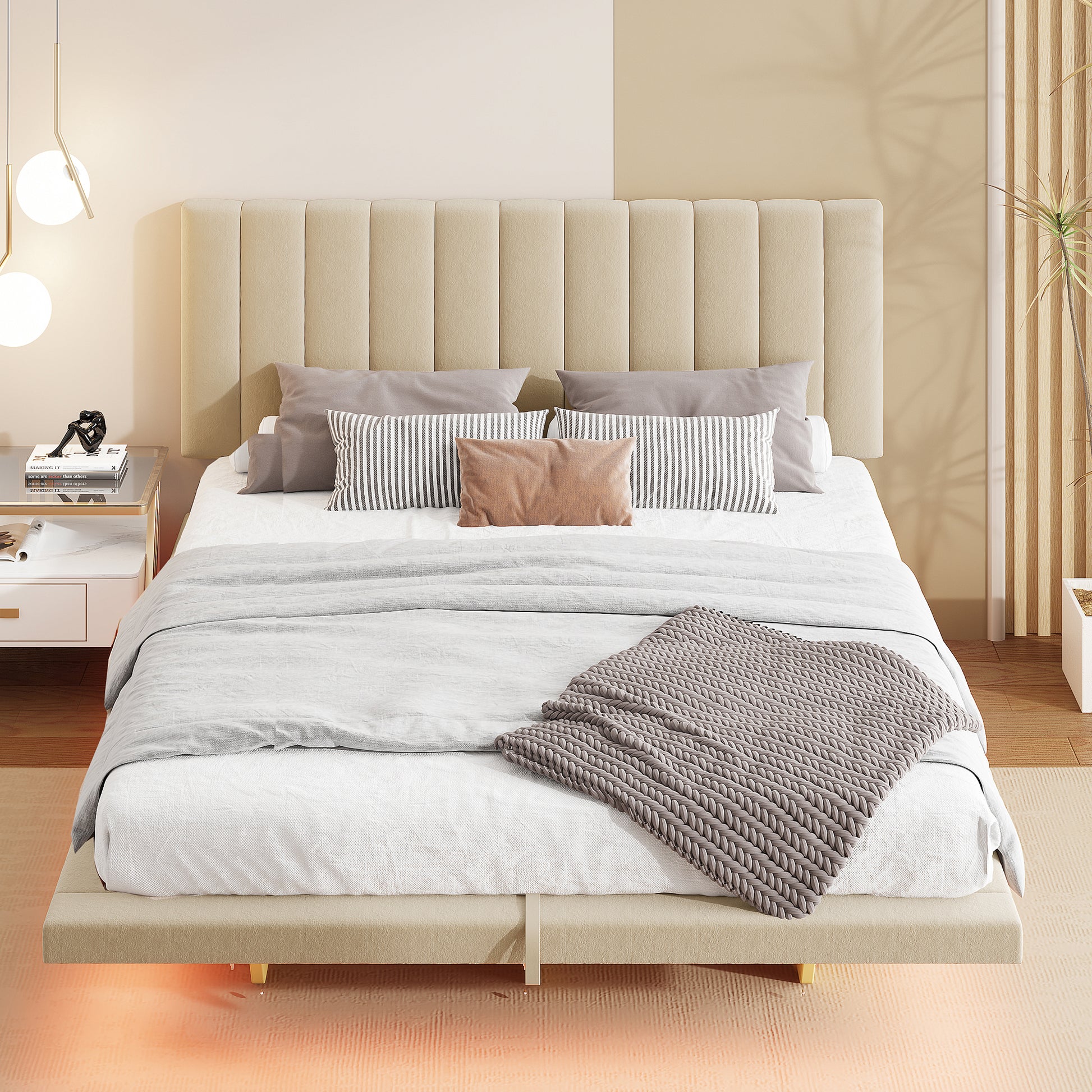 Queen Size Upholstered Floating Bed With Led Light And Usb Port, Velvet, Beige, Hydrualic Platform Bed Queen Beige Velvet