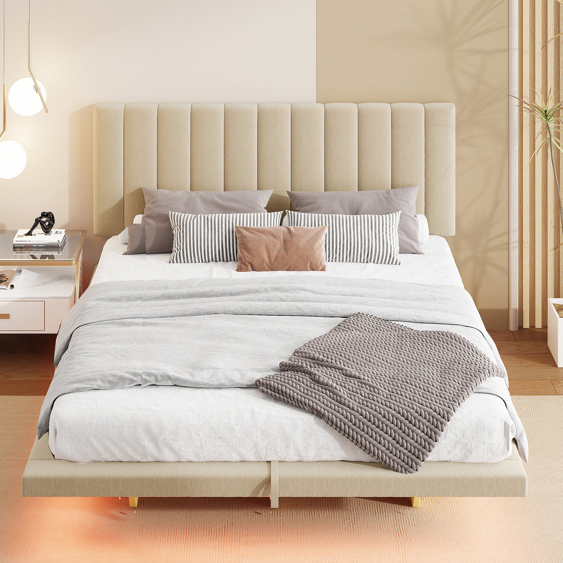 Queen Size Upholstered Floating Bed With Led Light And Usb Port, Velvet, Beige, Hydrualic Platform Bed Queen Beige Velvet