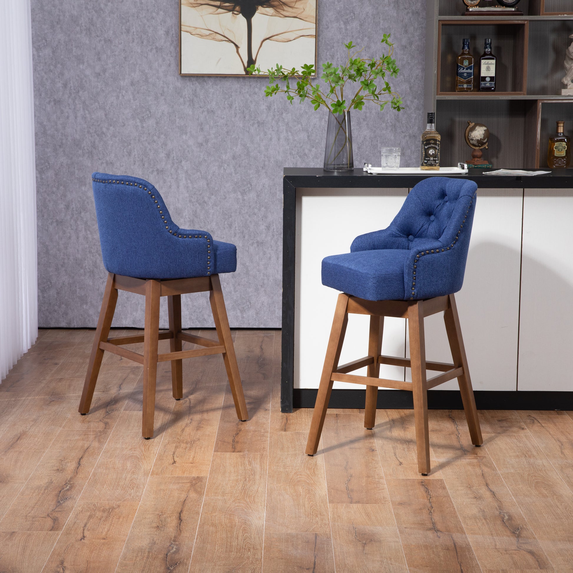 Coolmore Bar Stools Set Of 2 Counter Height Chairs With Footrest For Kitchen, Dining Room And 360 Degree Solid Wood Legs Swivel Bar Stools Set Of 2 Navy Linen Navy Foam Linen
