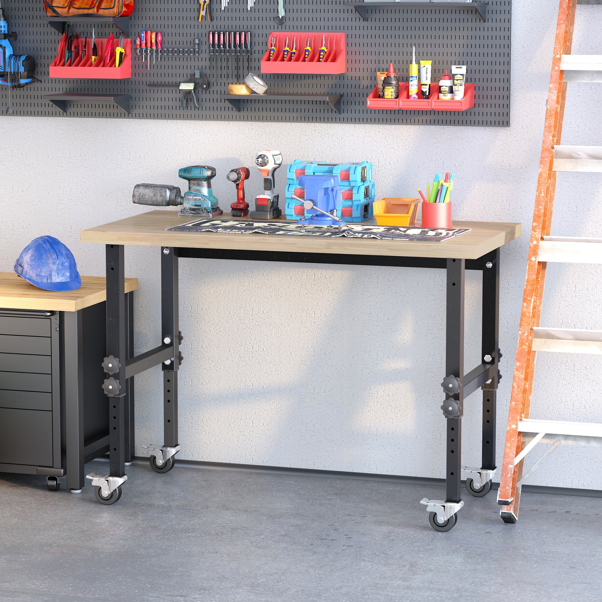 Homcom 47.25" Work Bench With Height Adjustable Legs, Bamboo Tabletop Workstation Tool Table On Wheels For Garage, Weight Capacity 1320 Lbs, Black Natural Natural Wood Bamboo
