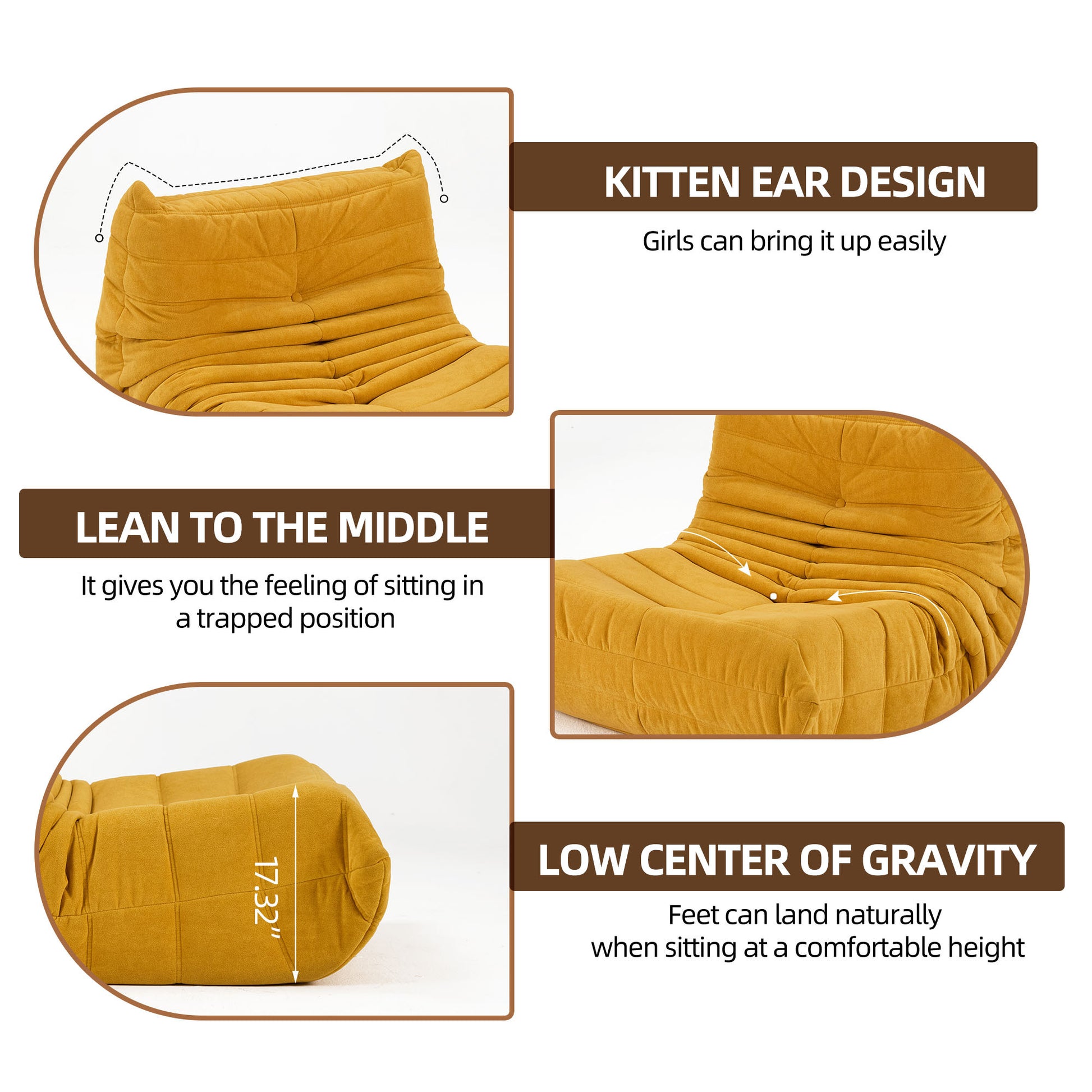 Floor Sofa Bean Bag Chair For Adults Fireside Bean Bag Lounger Memory Foam Chair For Home, Office, Apartment Or Gaming Venue Yellow Polyester Primary Living Space Firm Art Deco Armless Foam Polyester Blend