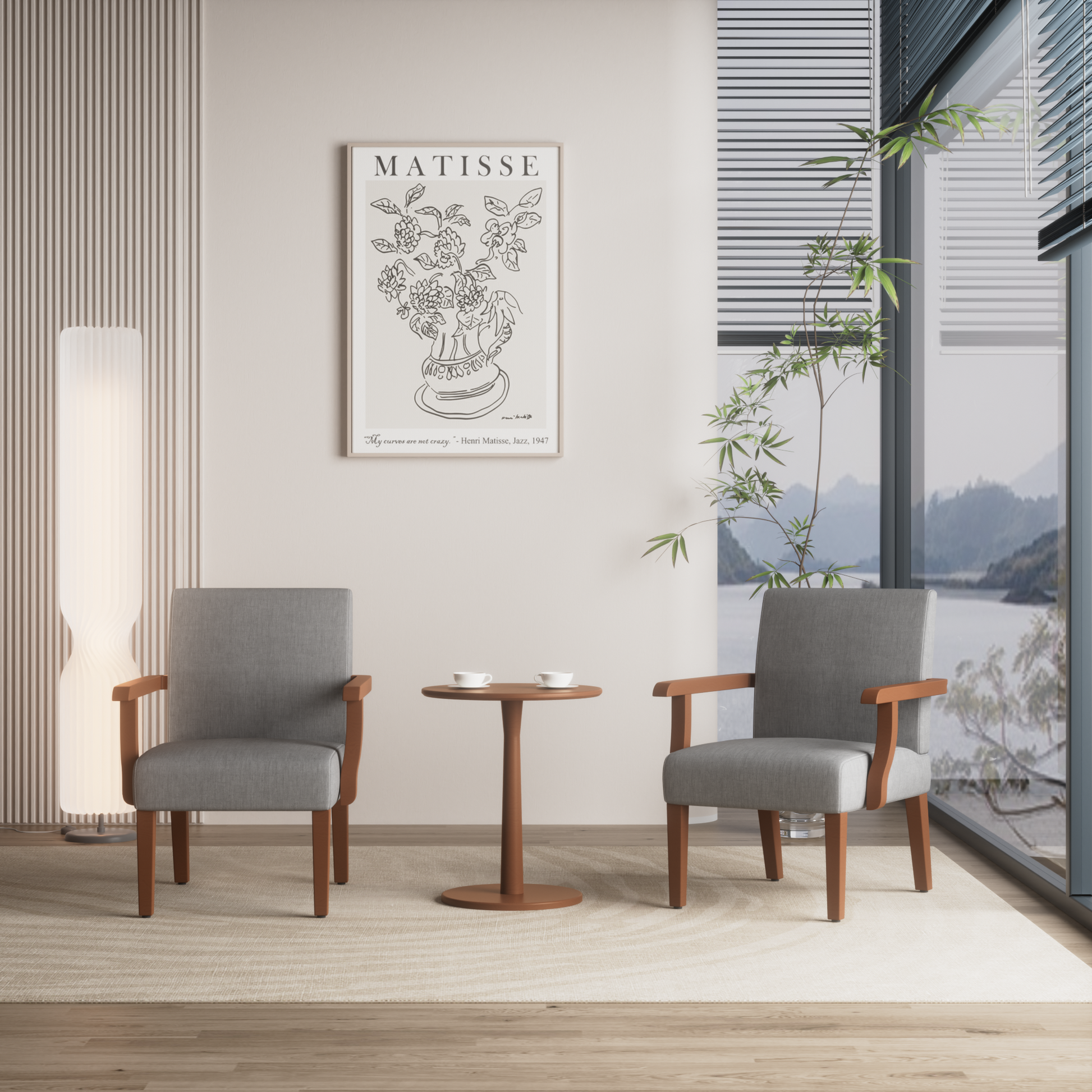 Fabric Accent Arm Chair Set Of 2 With Round Wood Table Light Gray Fabric