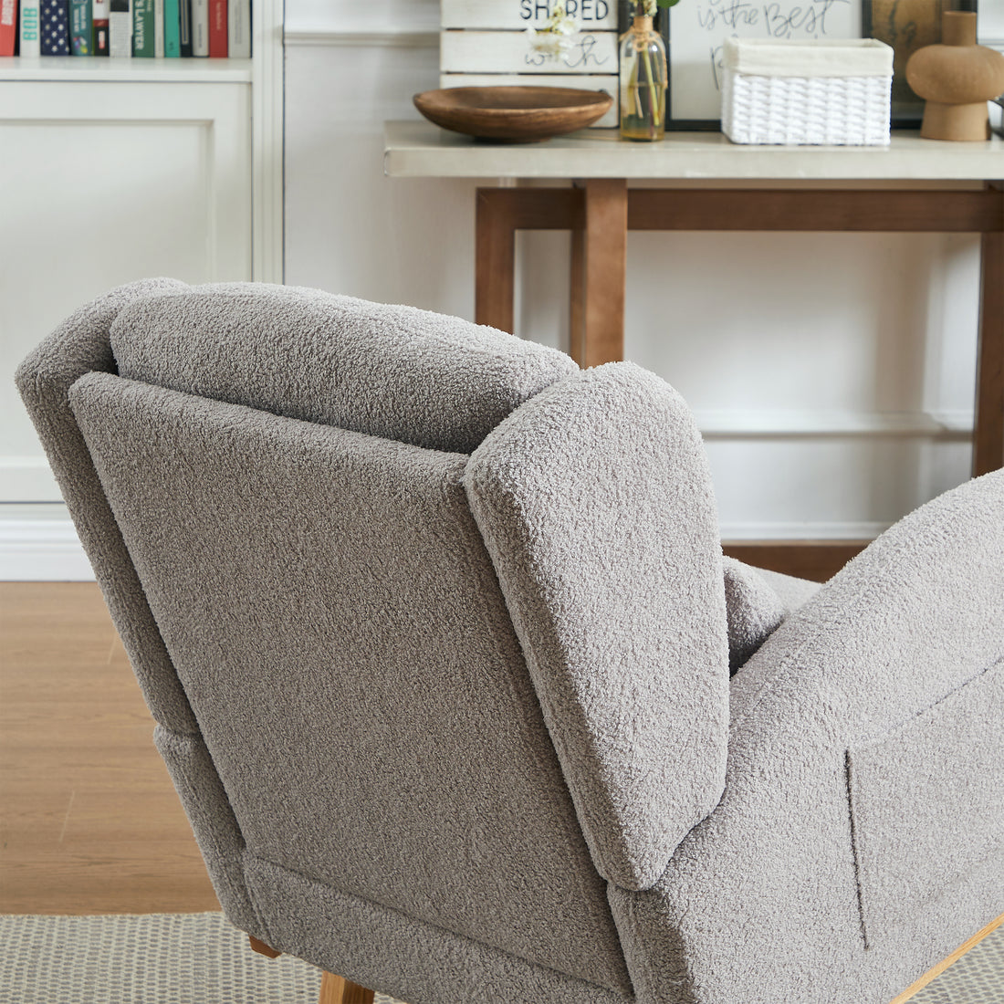 27.2"W Modern Accent High Backrest Living Room Lounge Arm Rocking Chair, Two Side Pocket Grey Foam Fabric