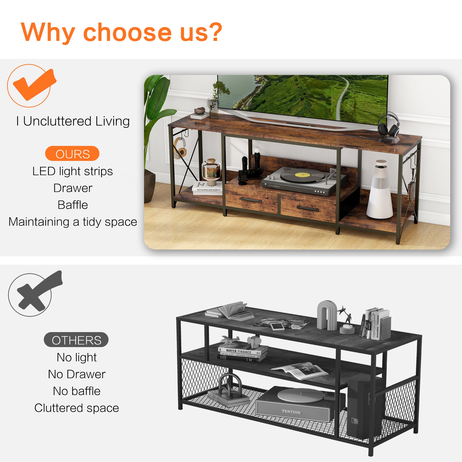 Tv Stand With Led Lights Power Outlets Tv Stand With Fabric Drawers For 65 70 75 Inches Tv Entertainment Center And Industrial Tv Console Table With Open Storage Shelves For Living Room, Bedroom