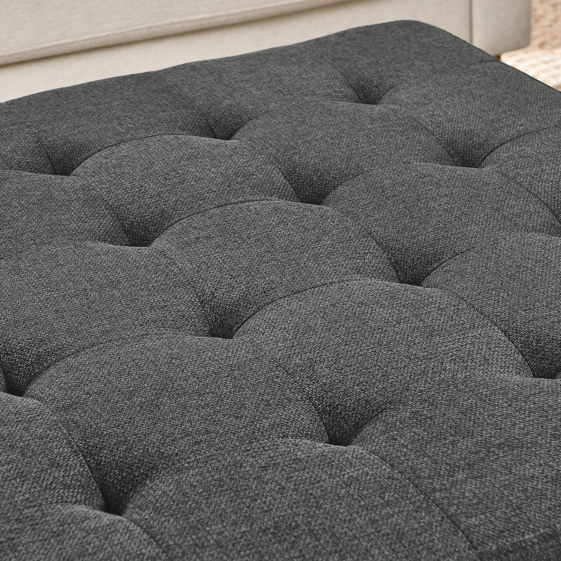 Upholstered Coffee Table Tufted Linen Large Square Ottoman With Beech Wood Shelf And Frame, Oversized Footrest Ottoman For Living Room, Dark Gray Light Brown Wood Primary Living Space Grey Medium Duty Beech Wood Dark Gray Linen Or Linen Blend Backless
