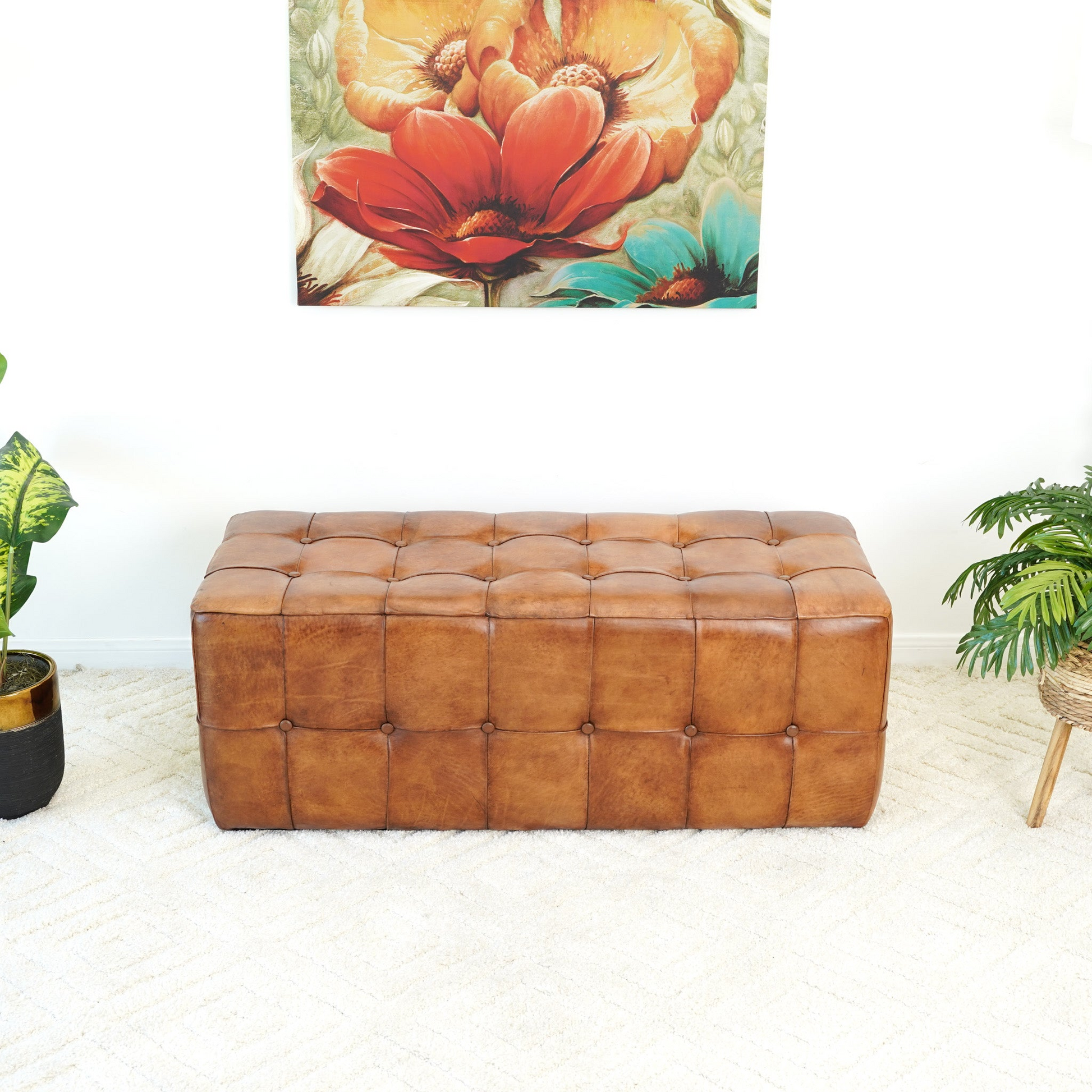 Benjiro Tan Leather Bench Brown,Rustic Brown Genuine Leather Brown Mid Century Modern Foam Genuine Leather,Solid Wood