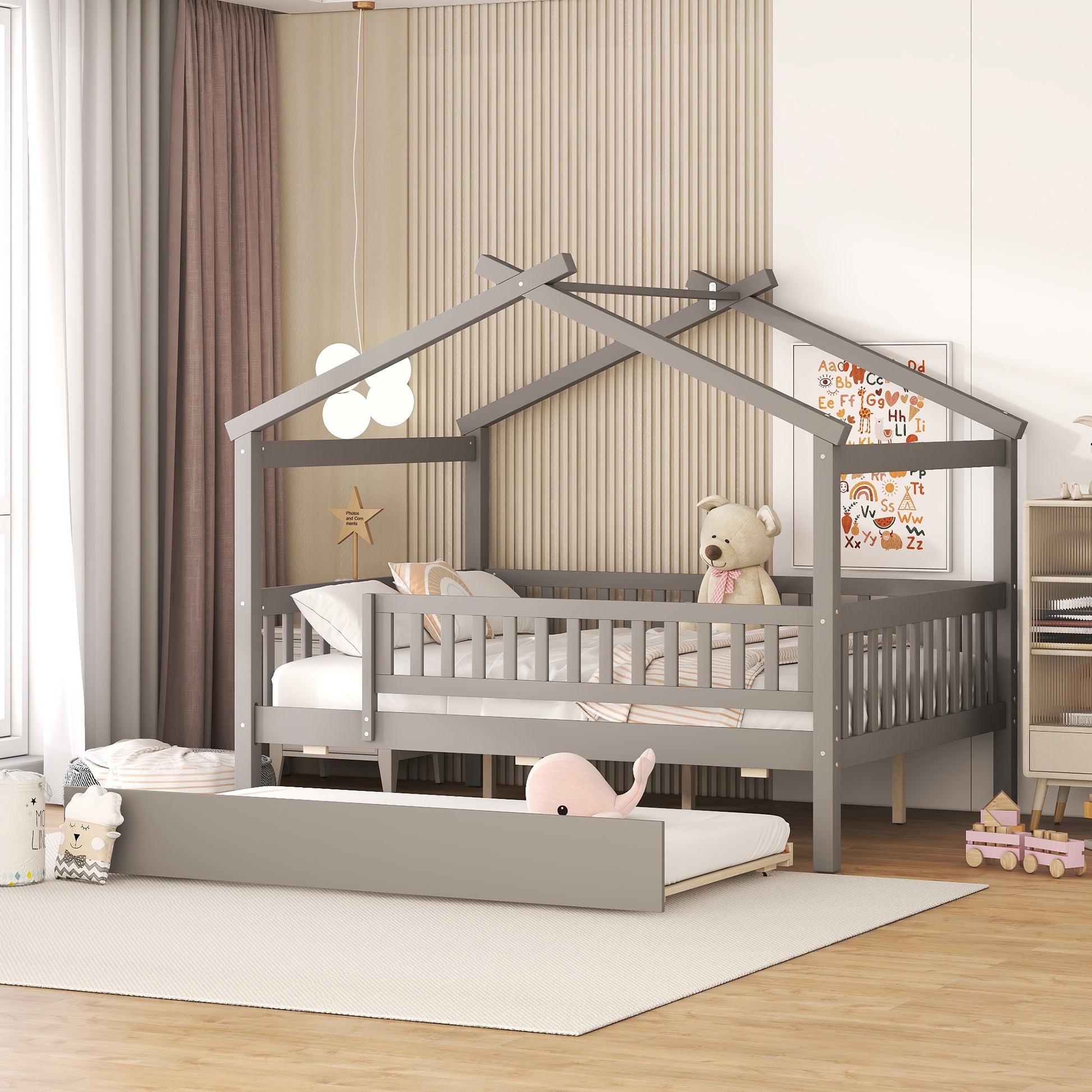 Full Size Wooden House Bed With Twin Size Trundle, Gray Full Gray Solid Wood Mdf
