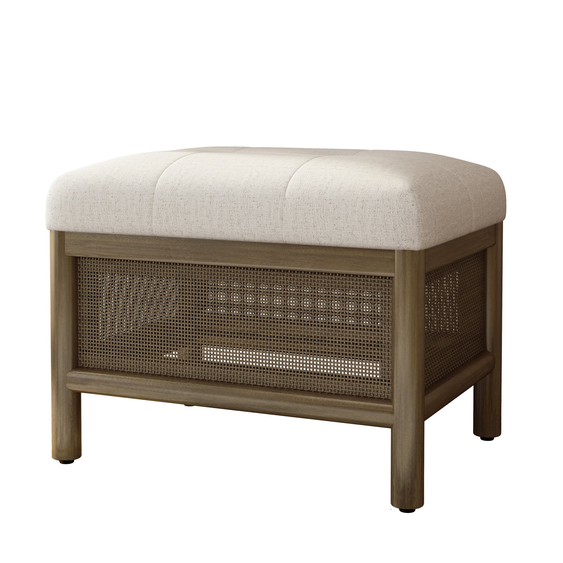 Cane Base Ottoman Dark Walnut Cream 21.5"*16"*17" White Deep Walnut Wood Soft American Traditional Hickory Wood Rectangle Wood Fabric
