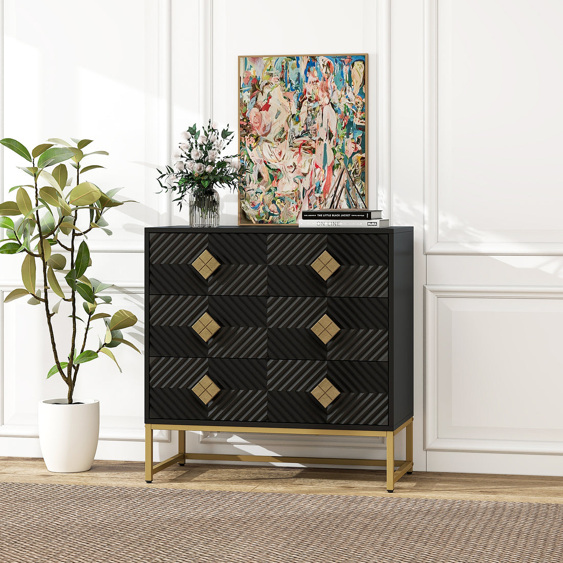 3 Drawer Storage Cabinet,3 Drawer Modern Dresser, Chest Of Drawers With Decorative Embossed Pattern Door For Entryway,Living Room,Bed Room Black Particle Board Mdf
