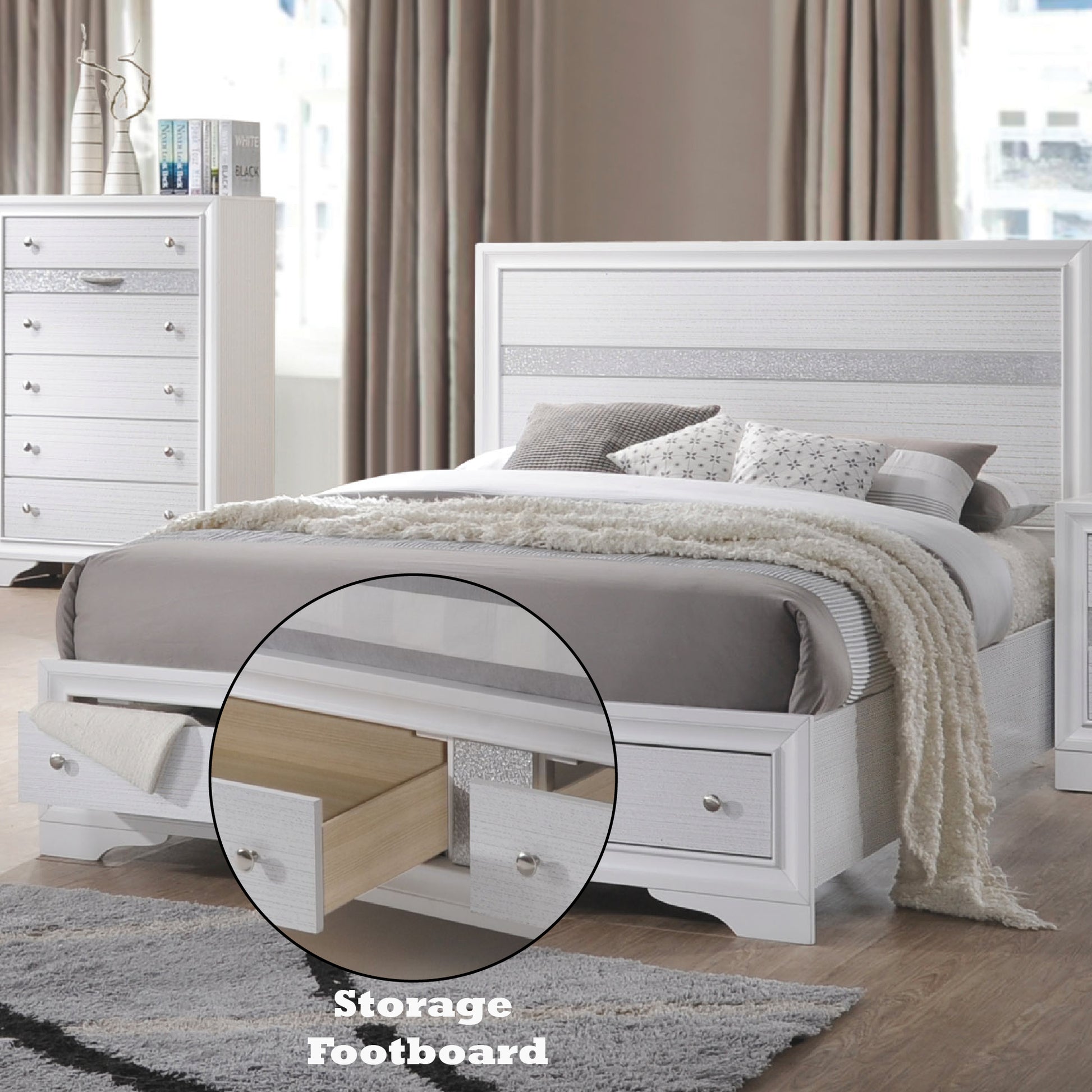 Naima White Finish Queen Bed W Storage White Synthetic Wood