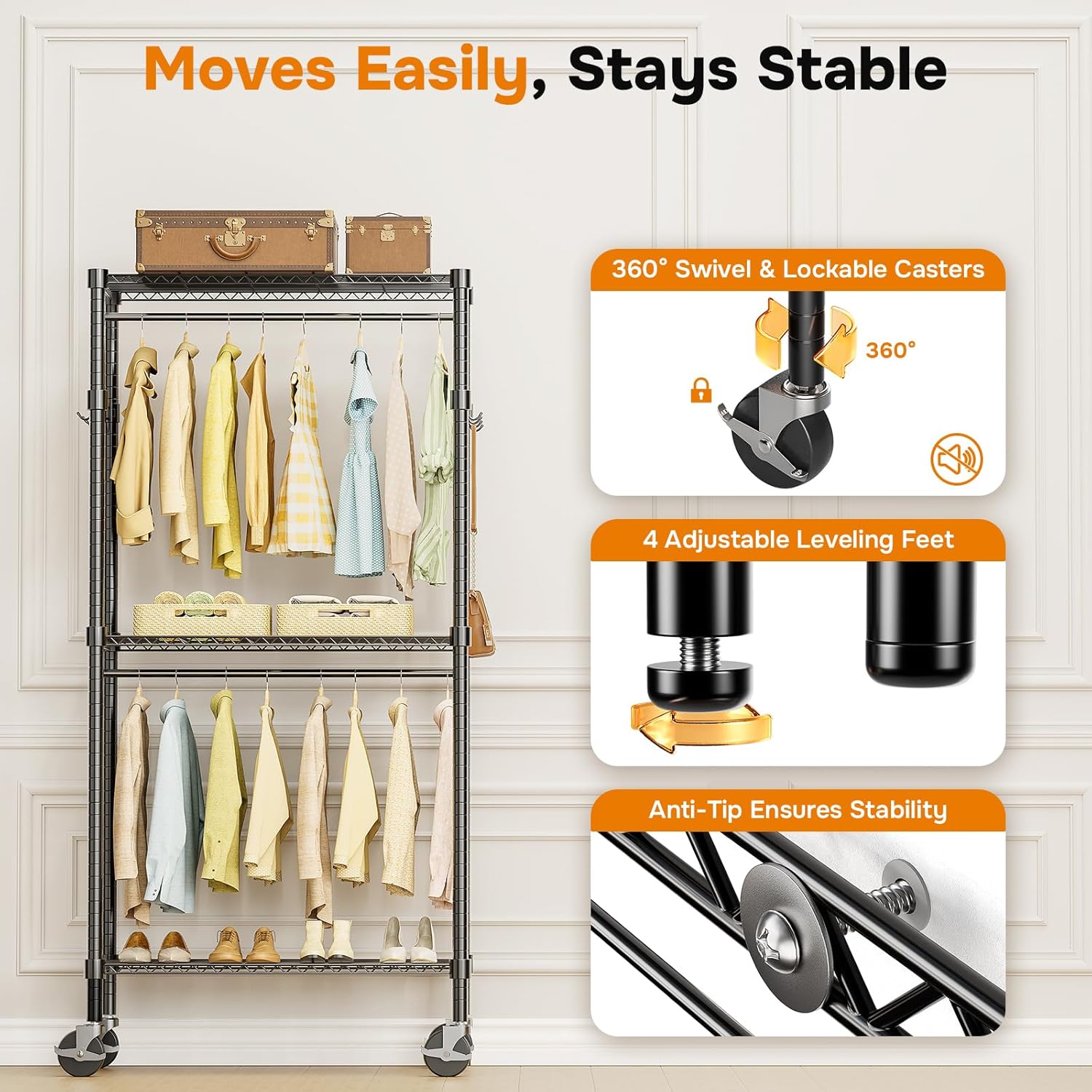 Rolling Clothes Rack, Heavy Duty Clothing Rack, 3 Shelf Portable Adjustable Wardrobe Closet With Wheels, Hanging Rods & Side Hooks, 29.5" W X 15.7" D X 75.6" H, Black Black Steel