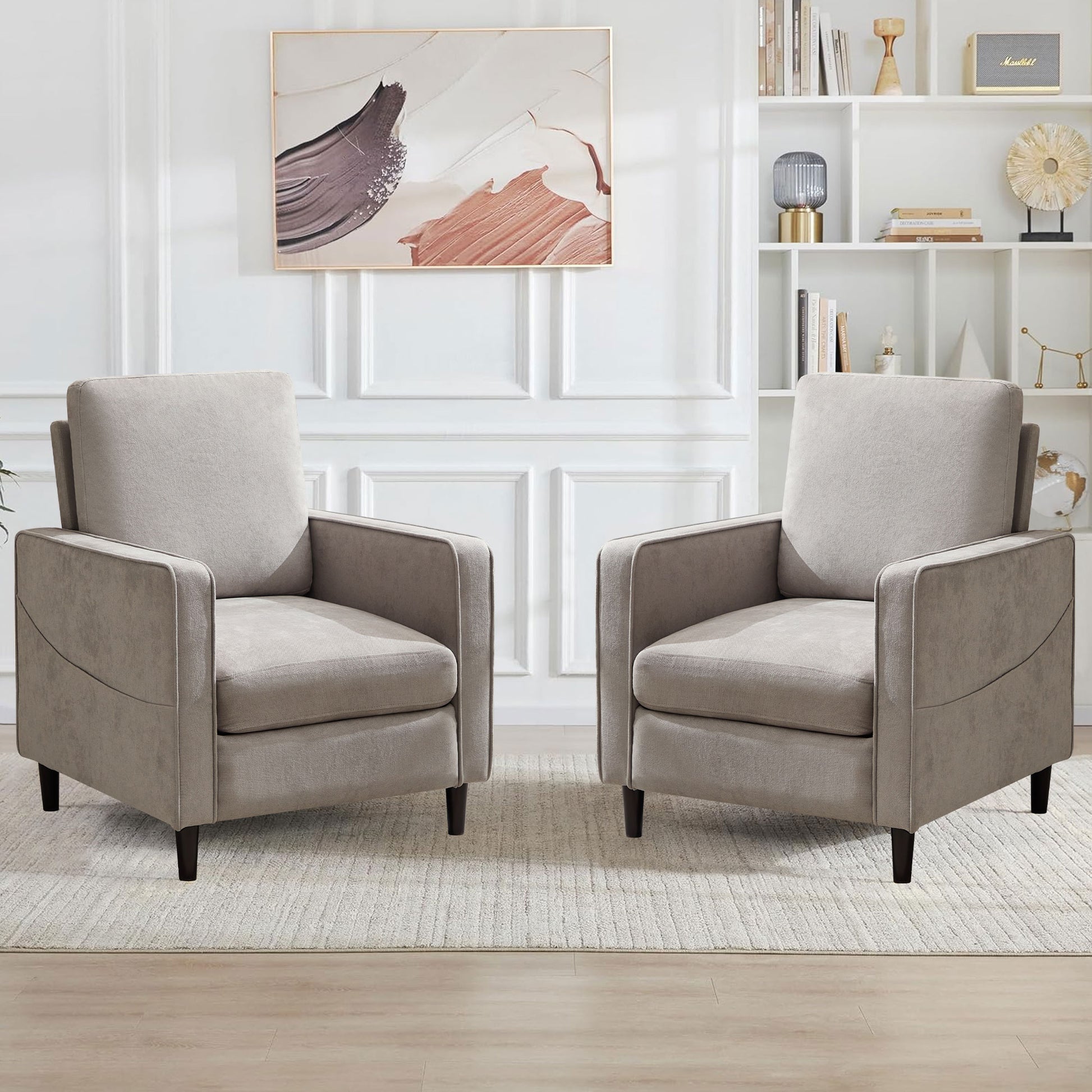 Mid Century Accent Chair ,Modern Linen Fabric Armchair For Living Room,Double Side Pockets, Comfortable And Padded Reading Feature Sofa Chair, Suitable For Bedrooms, Living Rooms, And Offices Light Gray Linen