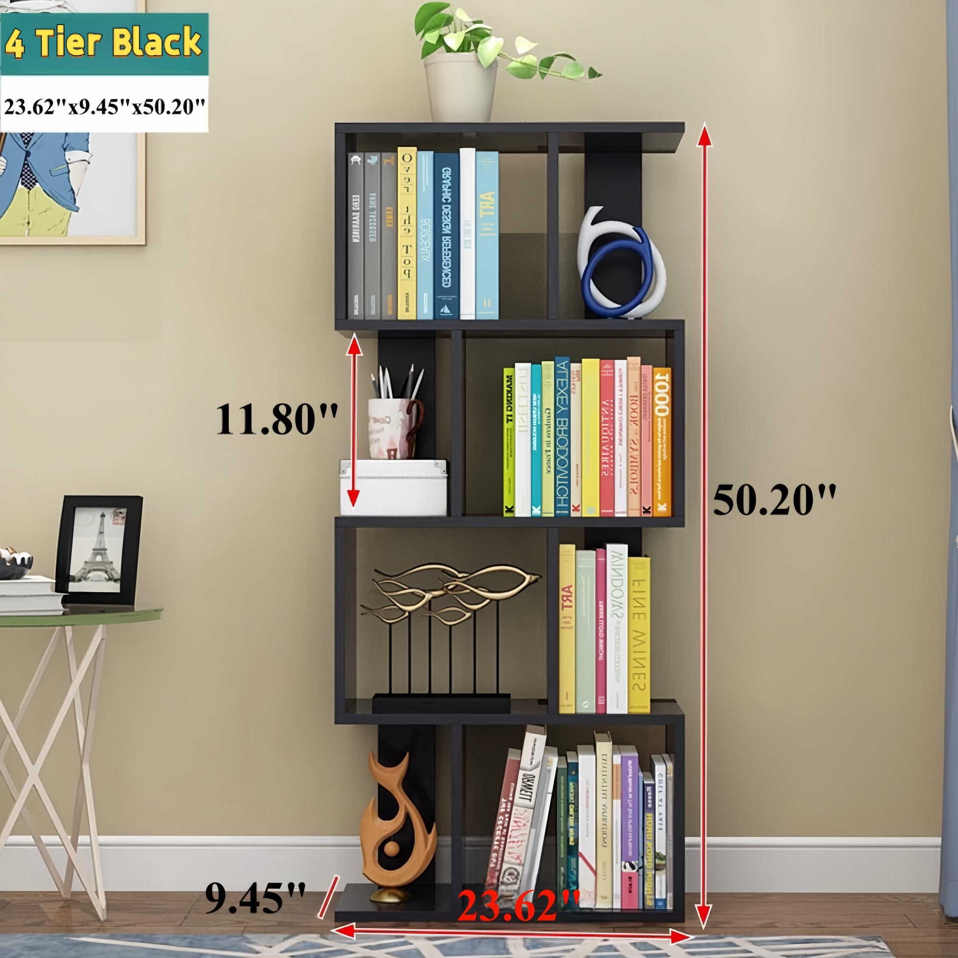 Dfw 4 Tier Storage Shelf S Shaped Bookcase, Multifunctional Wooden Display Decor Furniture, Free Standing Industrial Storage Rack For Living Room Bedroom Office, Modern 4 Shelf Bookcase 1 Black 4