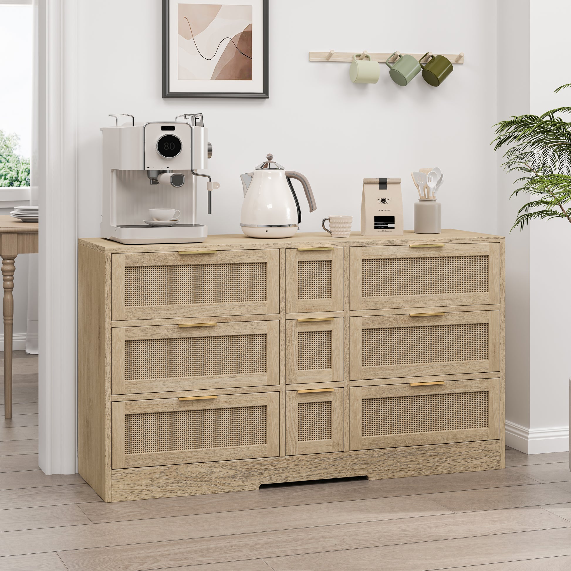 51.2 "Rattan Locker With Drawers, 9 Drawers, Metal Handles For Kitchen, Living Room, Bedroom Natural Natural Mdf