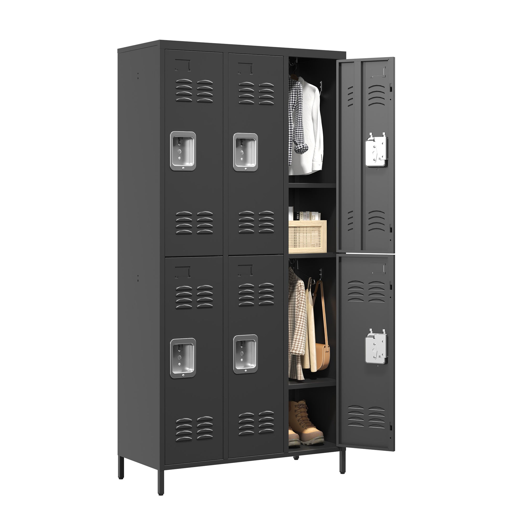 6 Door 72"H Metal Lockers With Lock For Employees,Storage Locker Cabinet For Home Gym Office School Garage,Black 5 Or More Spaces Black Primary Living Space Modern Metal