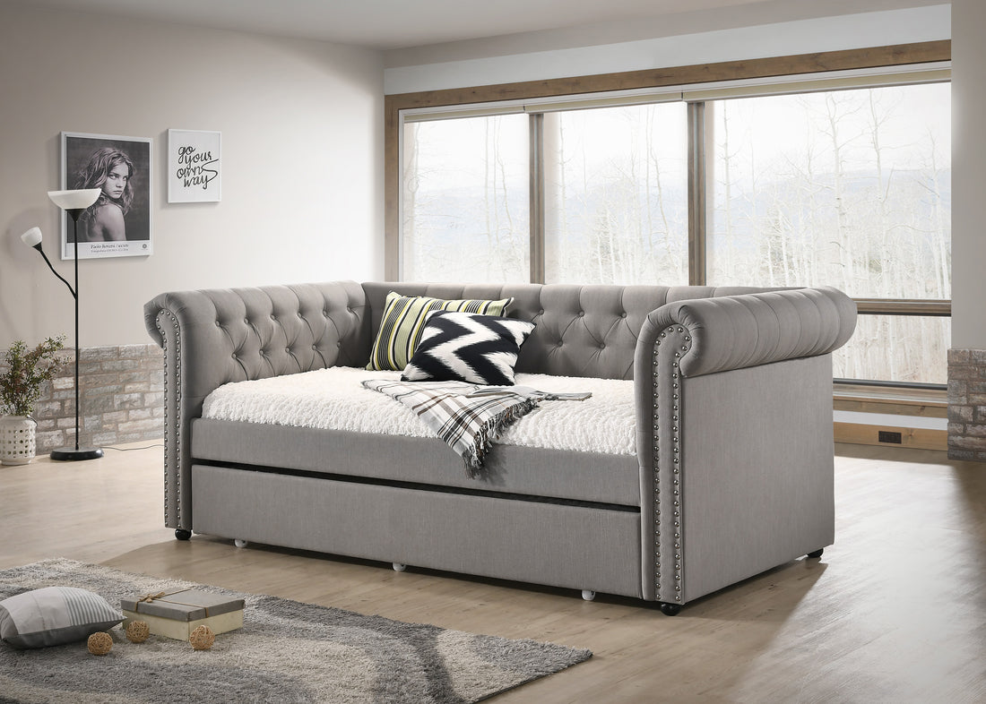 Luxurious 1Pc Modern Aesthetic Beautifully Button Tufted Trim Design Daybed Built In Pull Out Trundle Bed Living Space Guest Room Bedroom Dove Gray Twin Gray Wood Modern Solid Wood