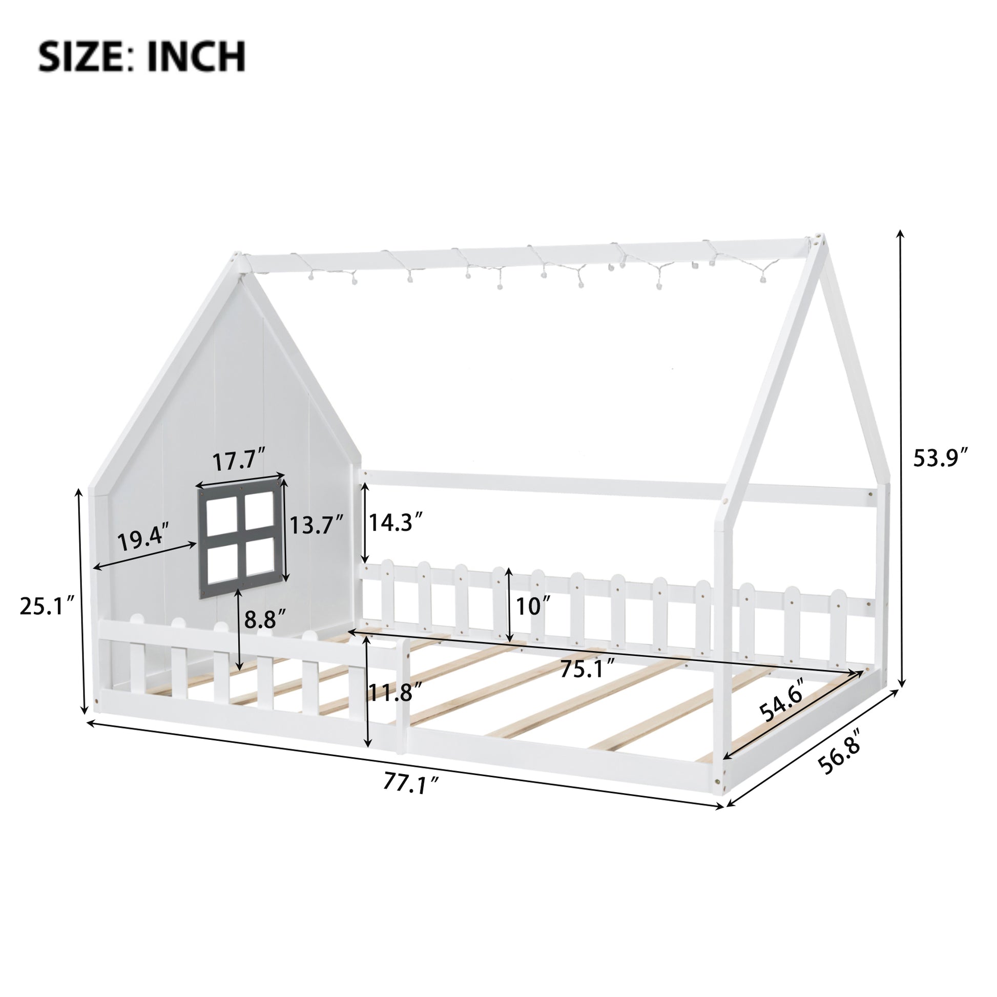 Full Size Wood House Bed With Window And Fence, White Old Sku: Wf304147Aak Box Spring Not Required Full White Wood Bedroom Pine Bed Frame Solid Wood Mdf