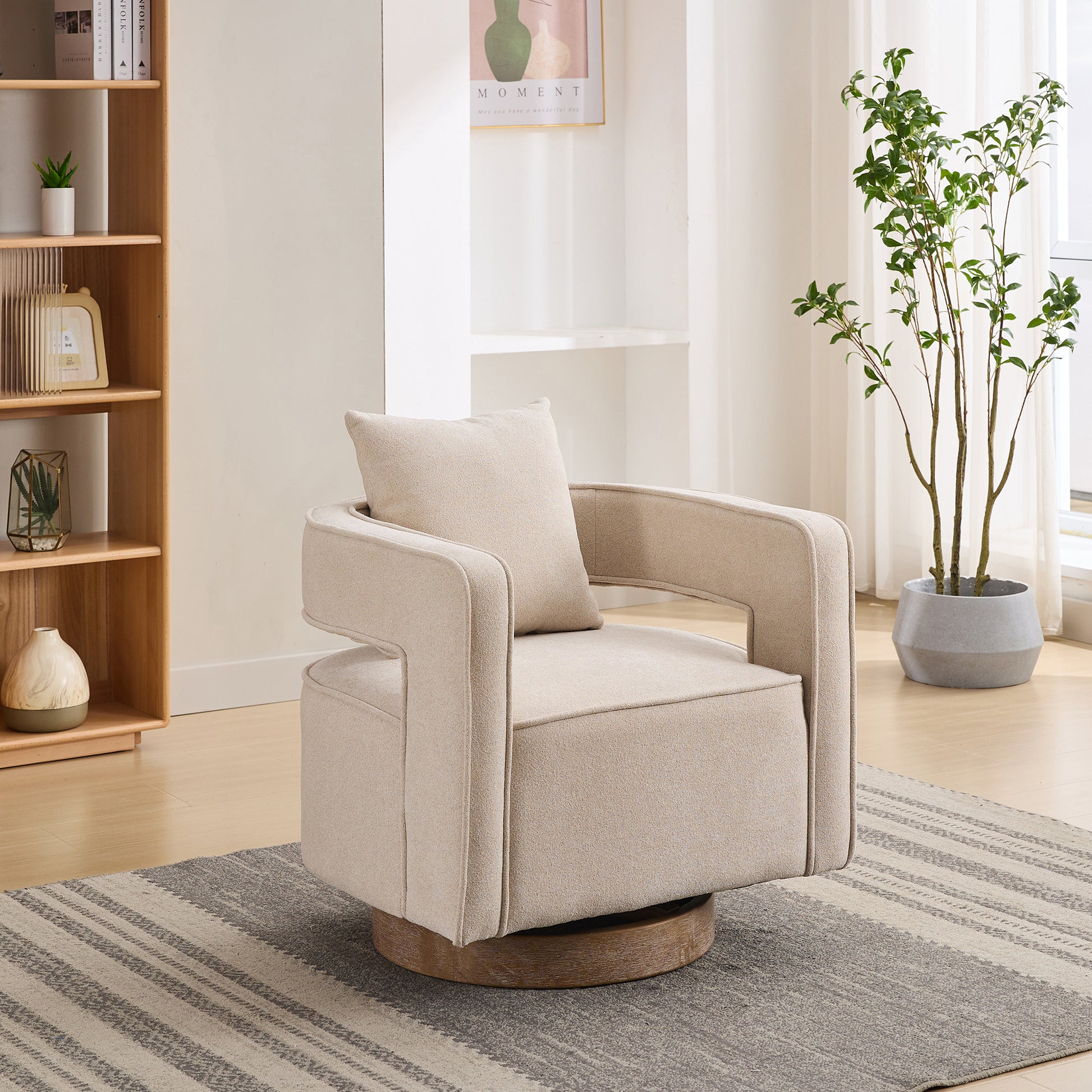 29.1"W Swivel Accent Open Back Chair Modern Comfy Sofa Chair With Weathered Base For Nursery Bedroom Living Room Hotel Office, Club Chair Leisure Arm Chair For Lounge Beige,Linen Blend Beige Linen Blend