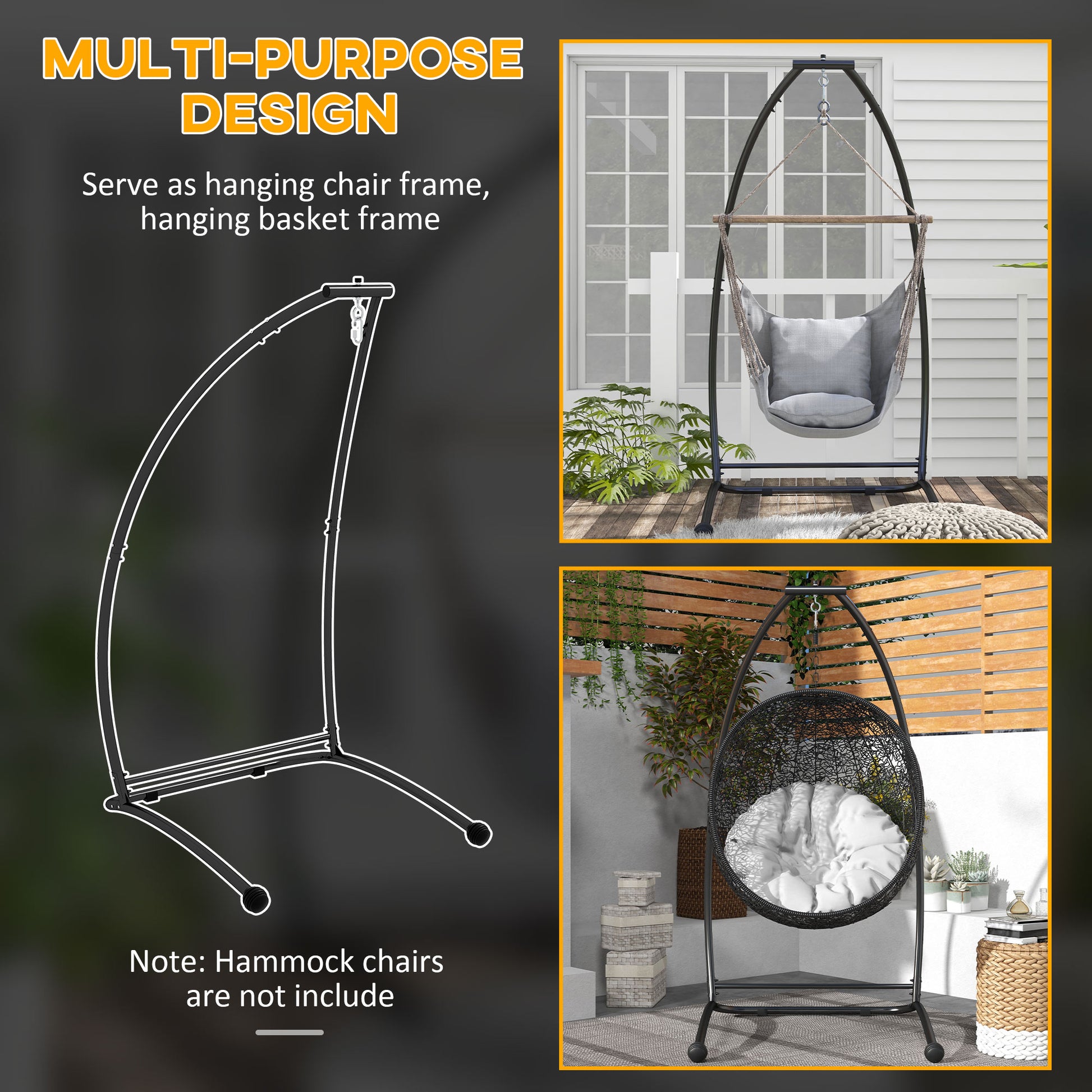 Outsunny Hammock Chair Stand, C Shape Hanging Heavy Duty Metal Frame Hammock Stand For Hanging Hammock Porch Swing Chair, Indoor & Outdoor Use, Black Black Steel