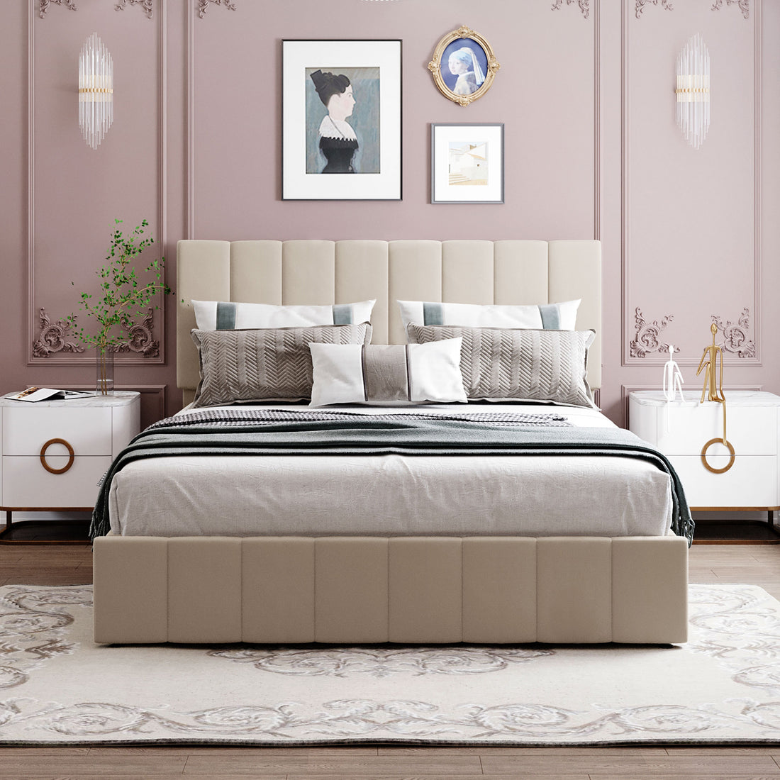 Queen Size Upholstered Platform Bed With A Hydraulic Storage System Beige Old Sku: Lp000211Aaa Beige Upholstered