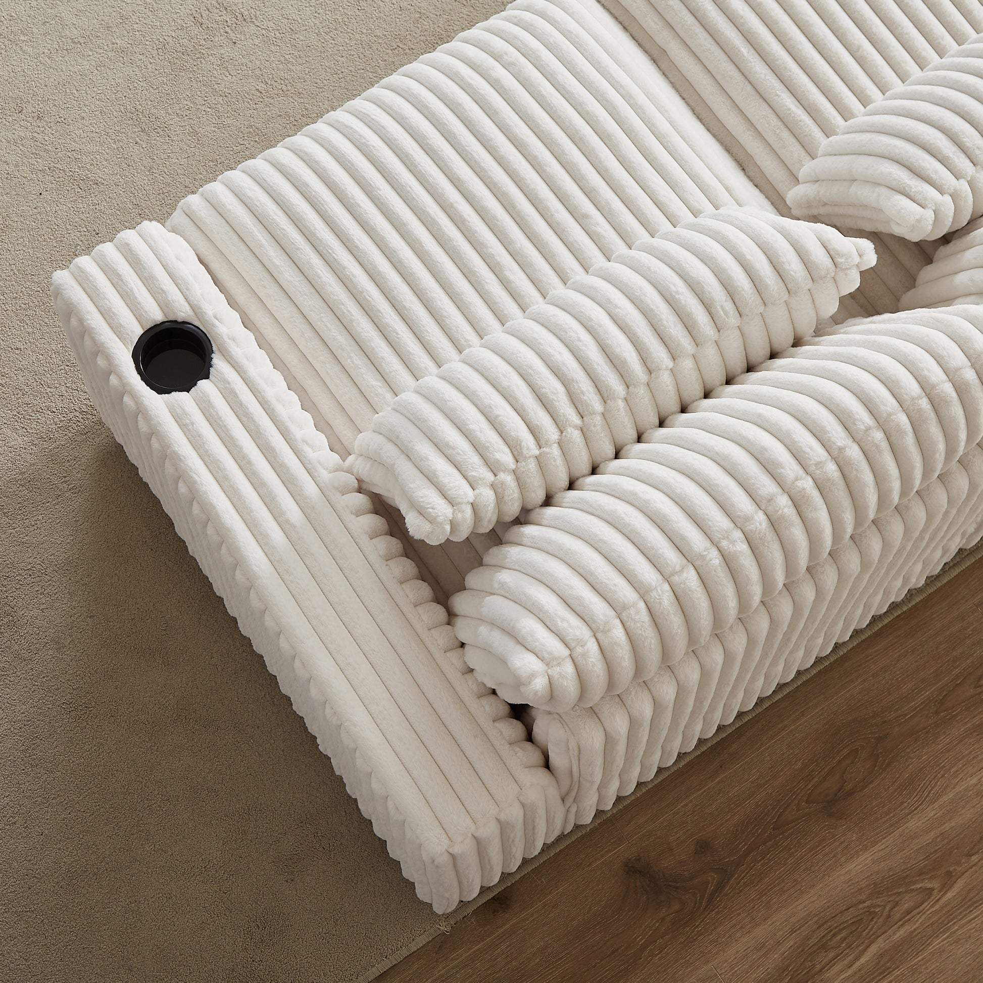 128 Inch Corduroy With Cup Holder Super Large L Shaped Sofa, Movable Footrest, Four Waist Pillows And Four Back Cushion, With Usb Port And T Pyce Port Beige Corduroy 3 Seat