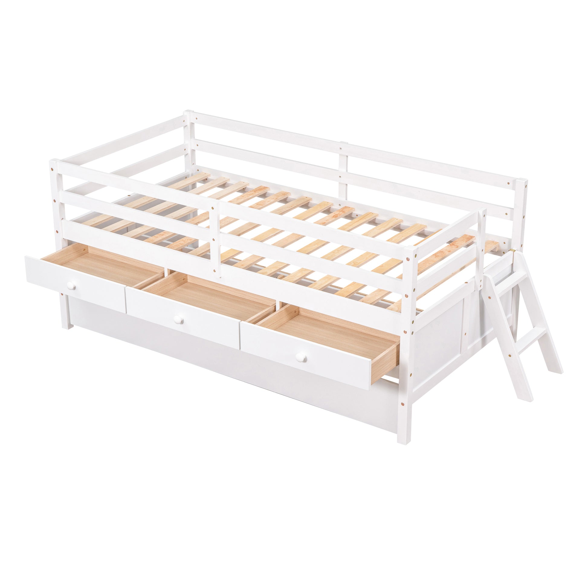 Low Loft Bed Twin Size With Full Safety Fence, Climbing Ladder, Storage Drawers And Trundle White Solid Wood Bed White Solid Wood
