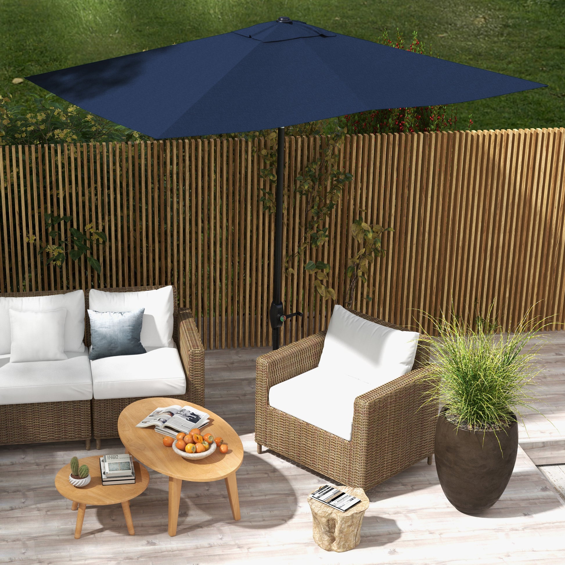 Outsunny 6.5' X 10' Rectangular Market Umbrella, Patio Outdoor Table Umbrella With Crank And Push Button Tilt, Blue Blue Steel